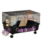Hamster Cage with House, Tunnel and Wheel, Base with 4 Wheels, 60x35x38.5cm, Black and Brown - Borge' Group Limited