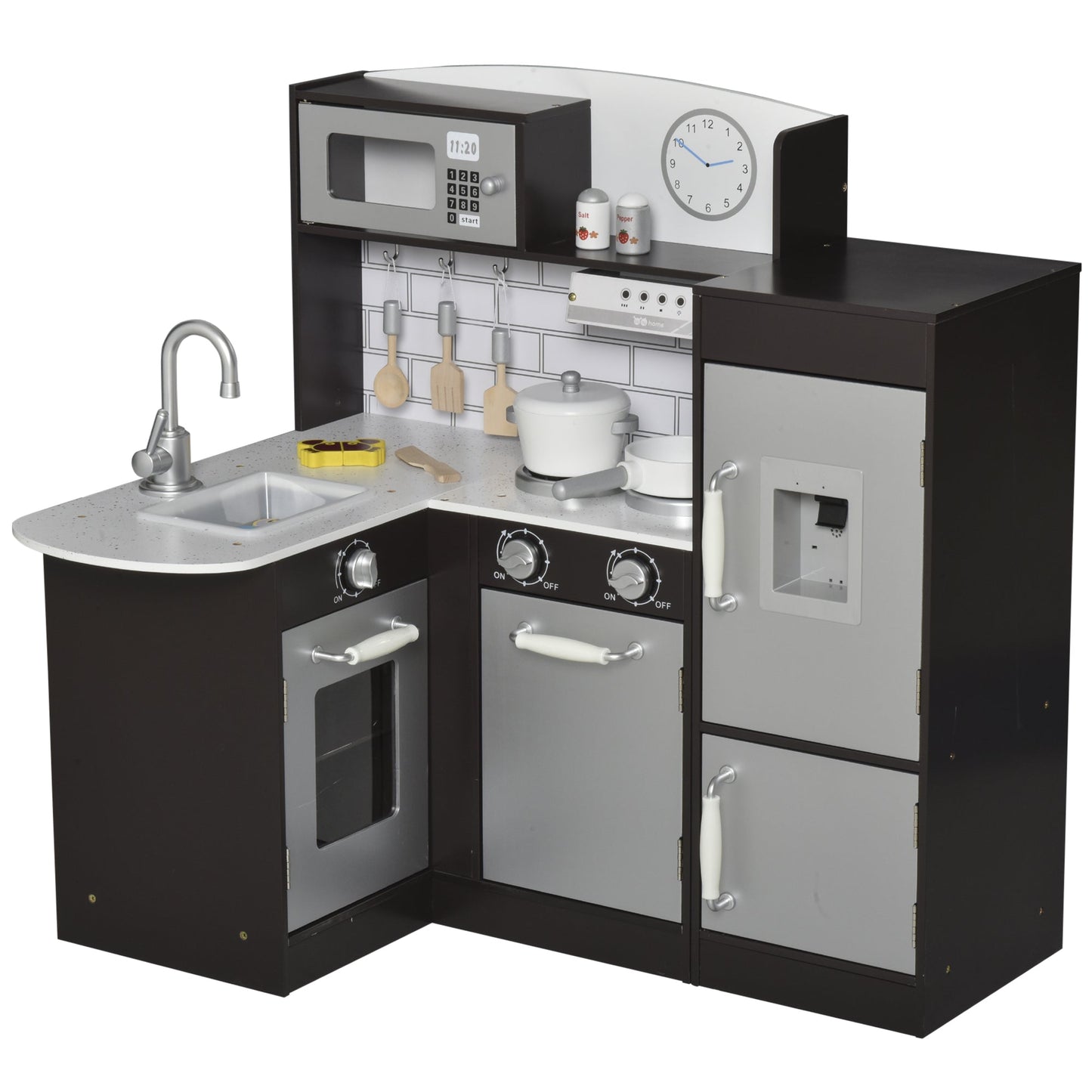 Kitchen for Children in Wooden Children With 14 Accessories, Oven, Sink, Frigo and Microwave, age 3+ years, 86x64x84.5cm, silver and brown - Borgè