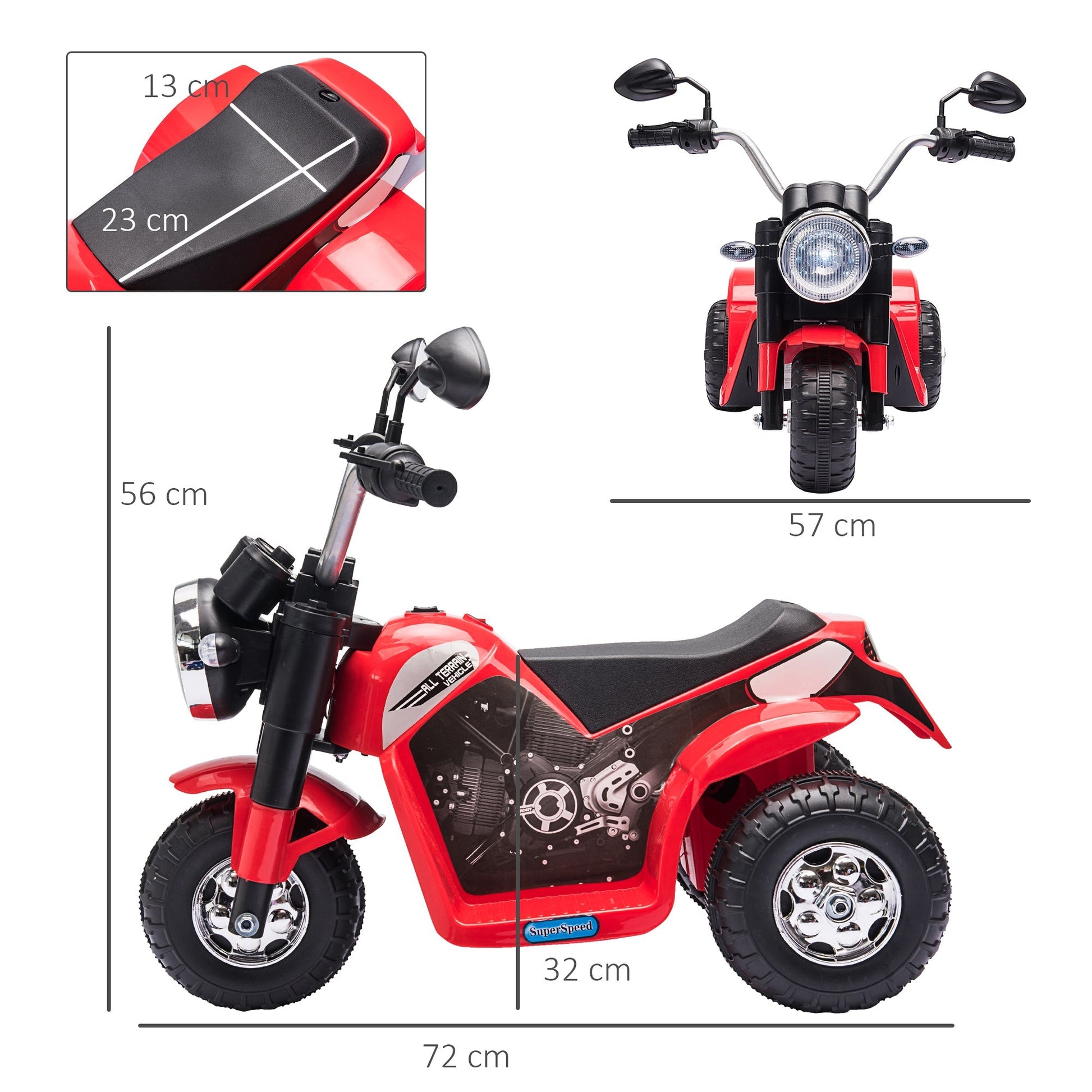 electric motorcycle for 3-wheeled children with lights and sounds, 6V rechargeable battery, speed 2 km/h, for children of 18-36 months, 72x57x56cm red - Borgè