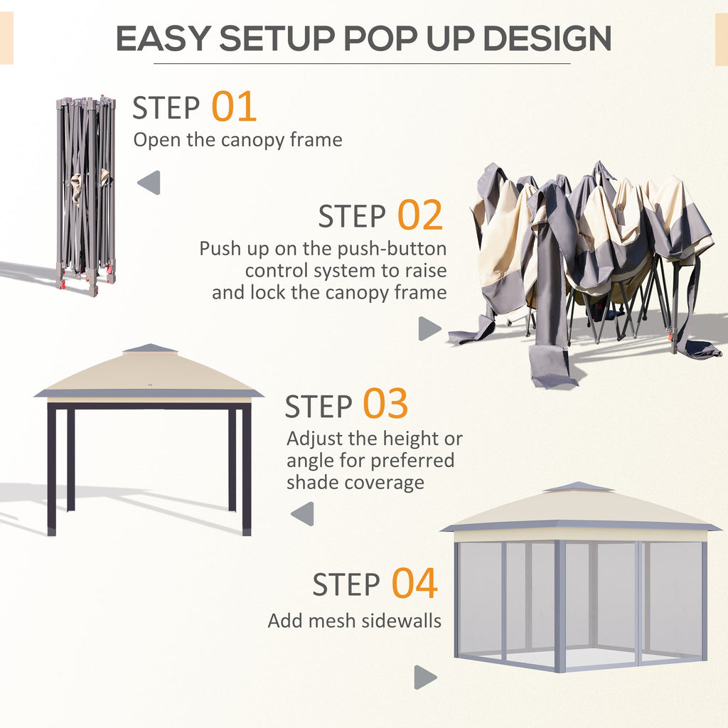 Pop Up Gazebo, Double Roof Foldable Canopy Tent with Zippered Mesh Sidewalls, Height Adjustable and Carrying Bag, Event Tent for Patio Garden Backyard, Beige 330x330x288cm - Borge' Group Limited
