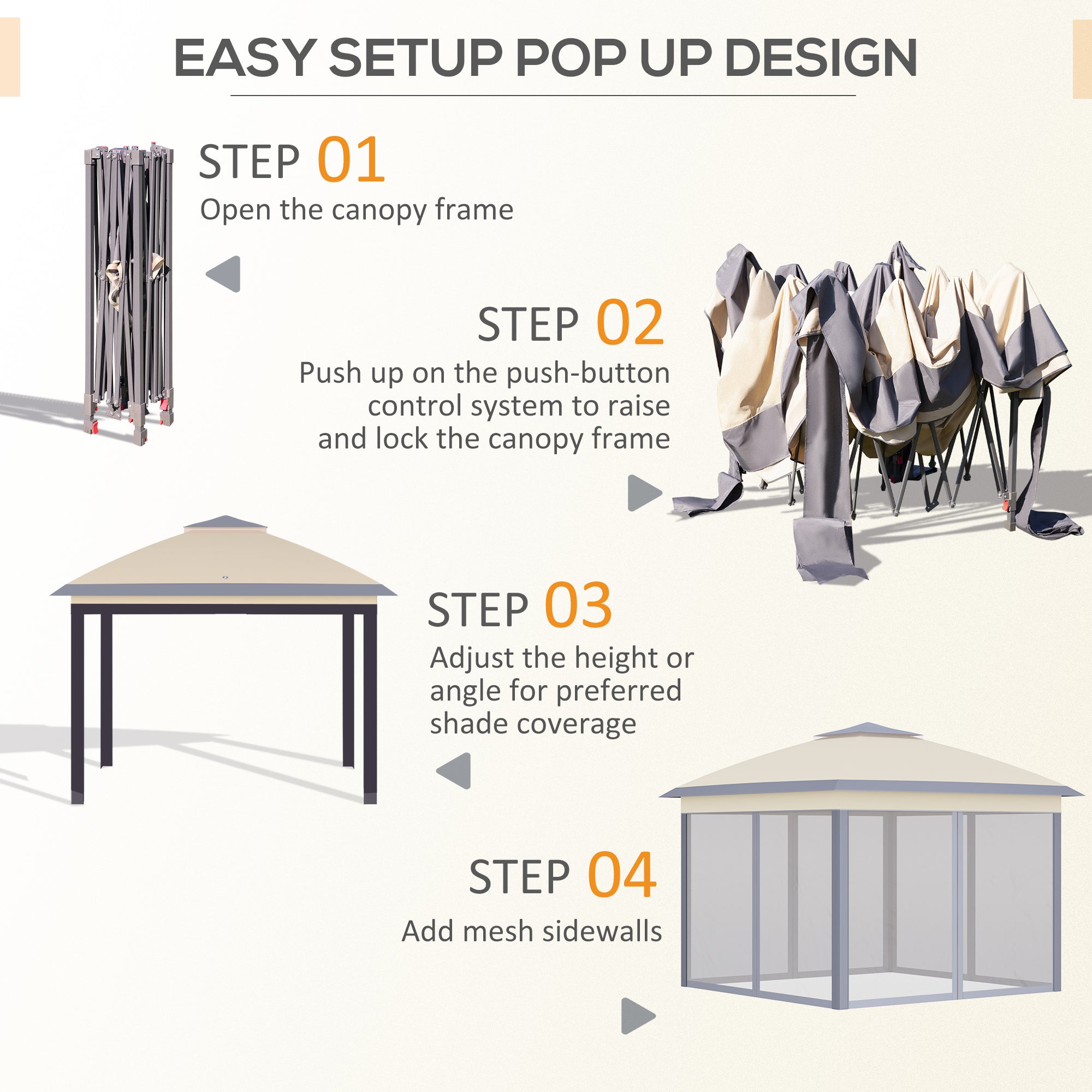 Pop Up Gazebo, Double Roof Foldable Canopy Tent with Zippered Mesh Sidewalls, Height Adjustable and Carrying Bag, Event Tent for Patio Garden Backyard, Beige 330x330x288cm - Borge' Group Limited