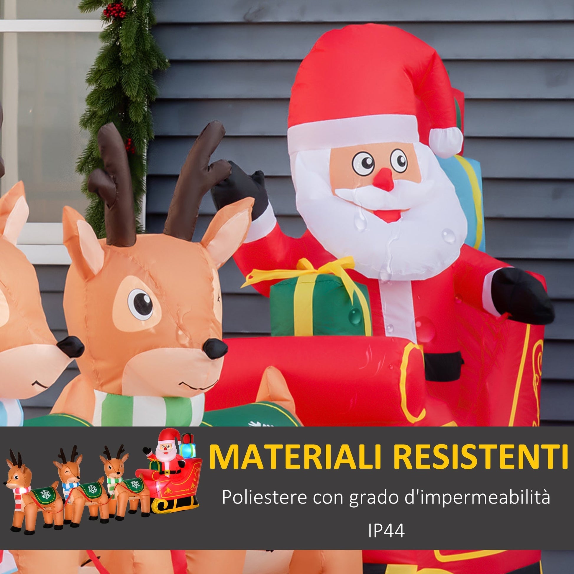 Inflatable Santa Claus with sled and 3 reindeers and lights - Borgè