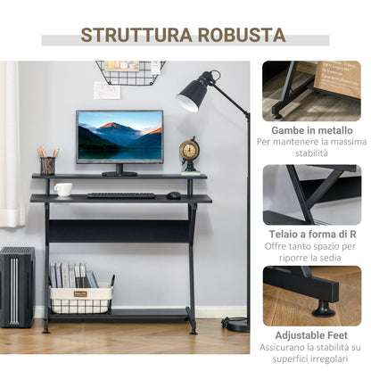 Table PC Room Road with raised monitor shelf, wooden office desk, 100x60x85.5cm - Black - Borgè