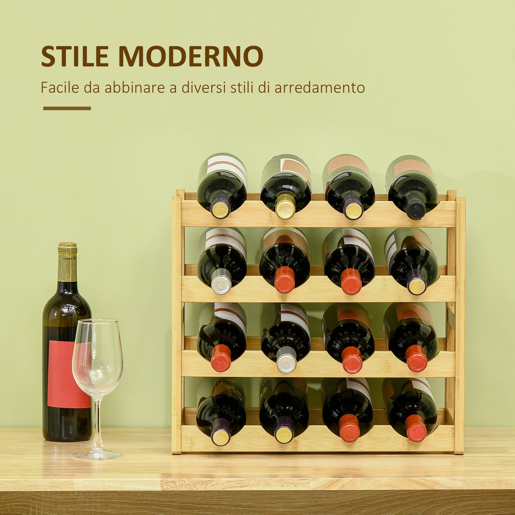 4 -level wine rack shelf for 16 bamboo wood bottles, 43x23.5x38cm - Borgè