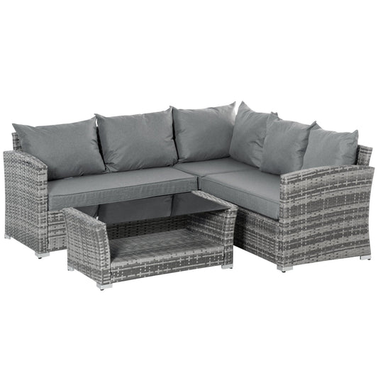 Outsunny Garden living room in Rattan pei 4 pieces with angular sofa and table with glass, Grey - Borgè