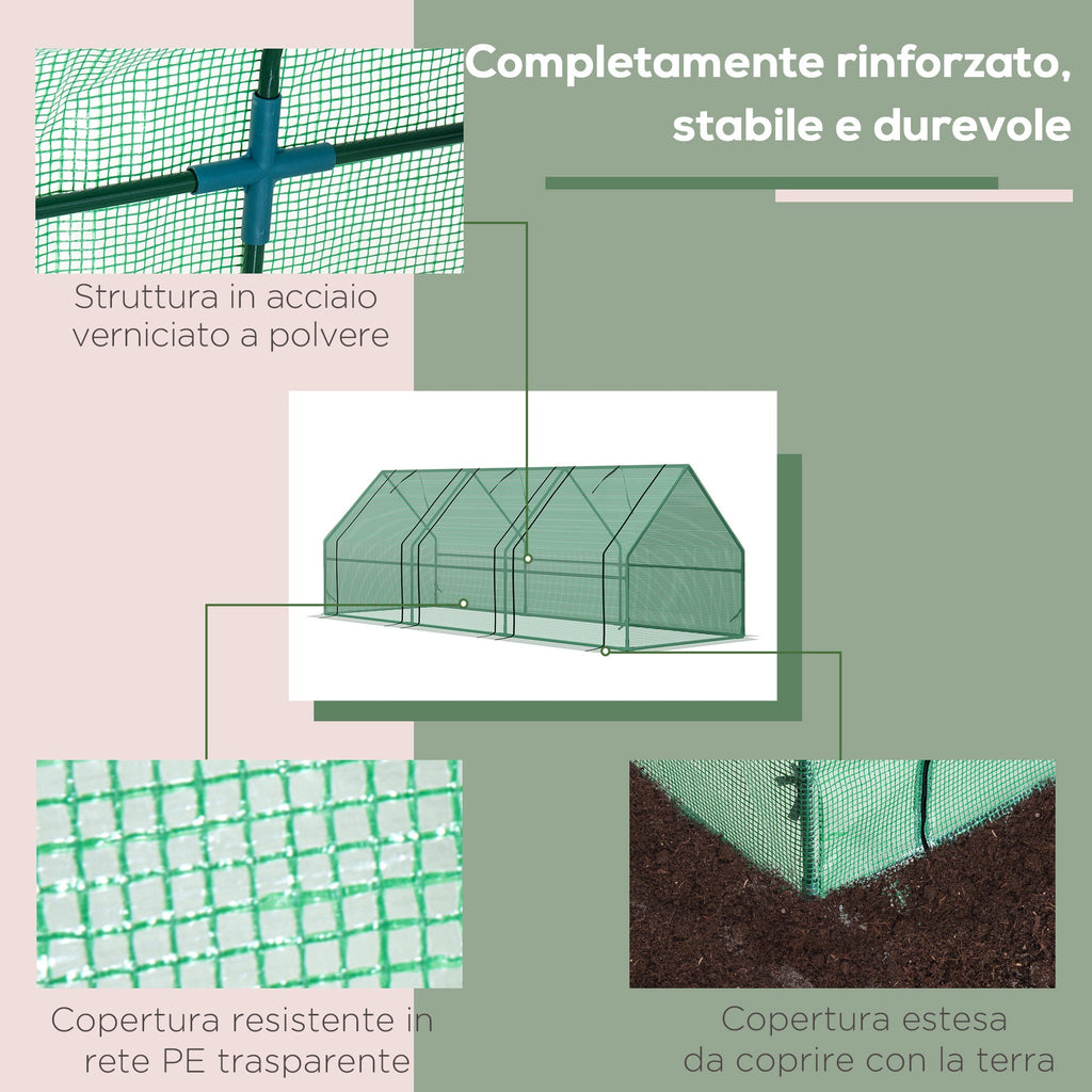 Outsunny PE Tunnel Garden Greenhouse for Plants and Flowers with Extended Edges and Hinged Doors, 270x90x90 cm, Dark Green - Borgè