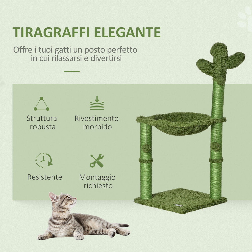 Cat Tree for cats with Scratch Pole up to 4.5kg in the shape of cactus with balls and Bed, 60x35x78cm - green - Borge' Group Limited