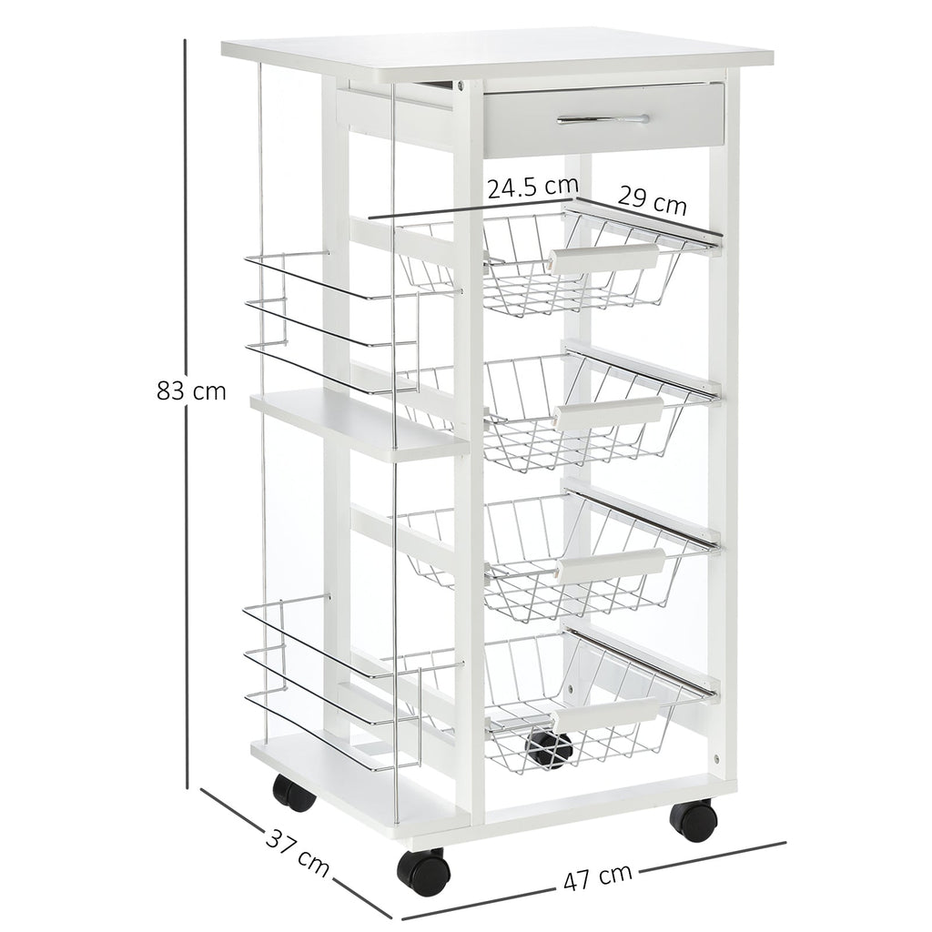white wooden kitchen trolley with 1 drawer and 4 metal baskets - Borgè