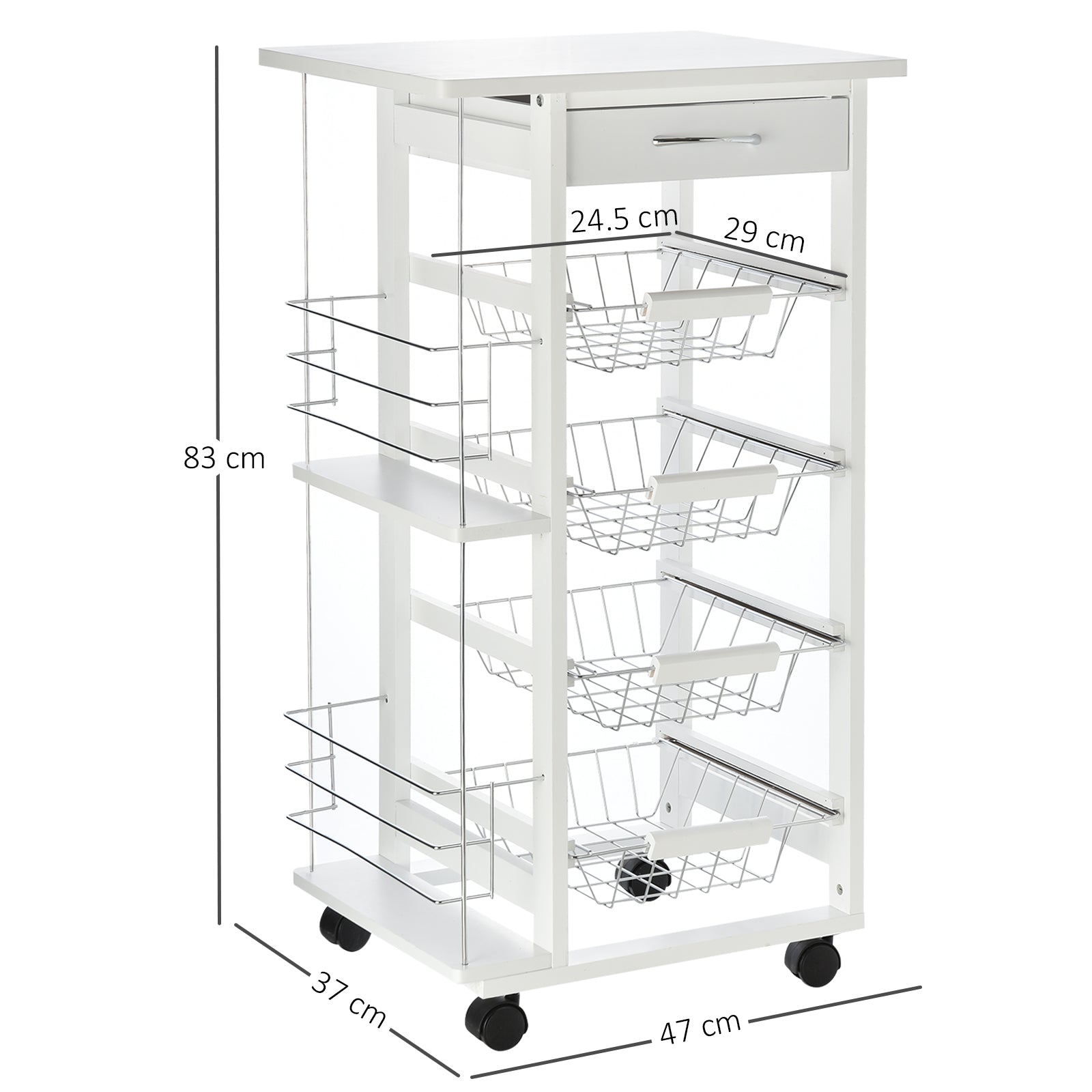 white wooden kitchen trolley with 1 drawer and 4 metal baskets - Borgè