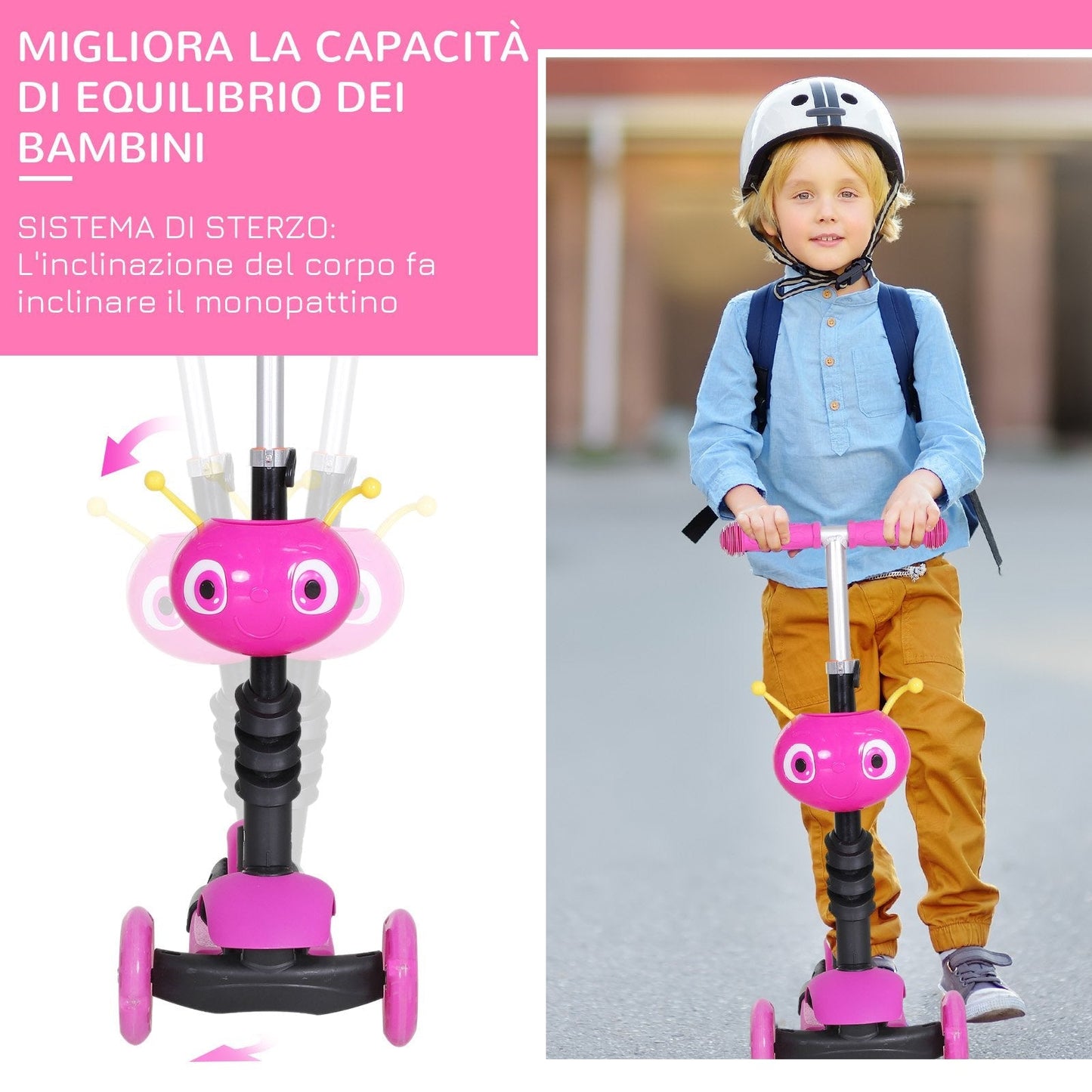 Scooter for Kids with Seat and Handlebar, 5 in 1 Height Adjustable Handlebar, 62x25x72.5cm Pink - Borgè