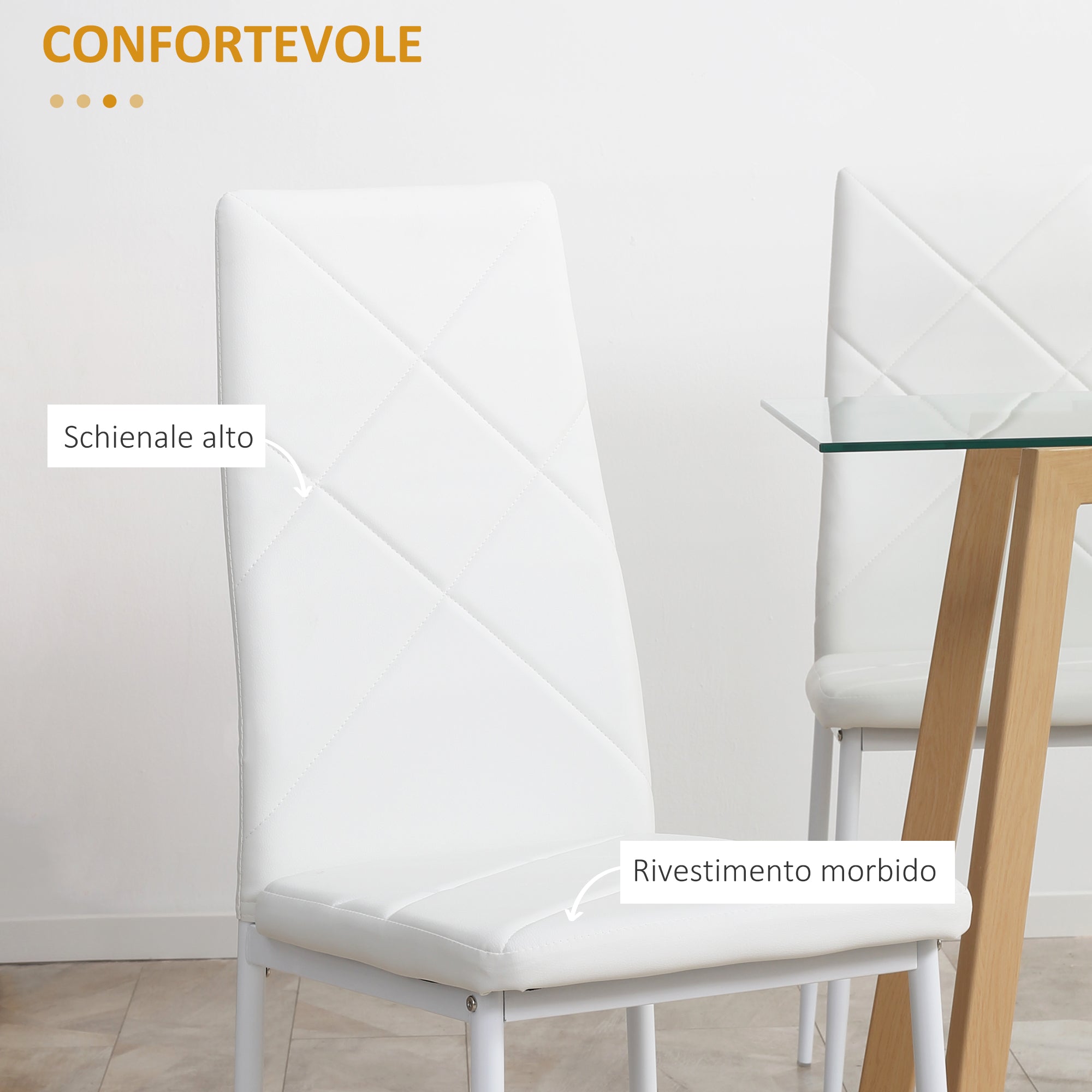 Homcom set of 4 dining chairs with high backrest in fake skin and steel, 41x50x97cm, white - Borgè