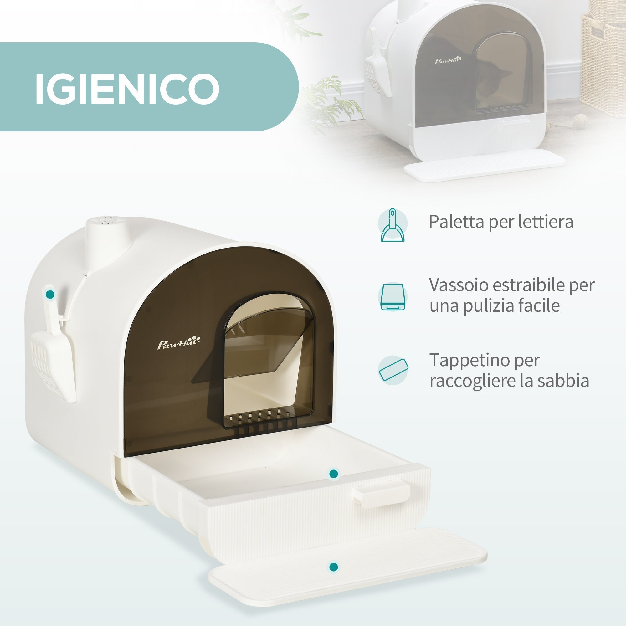 Closed Cat Litter Box with Filters, Scoop and Removable Tray, PP Structure, 43x44x47 cm, White and Black - Borge' Group Limited