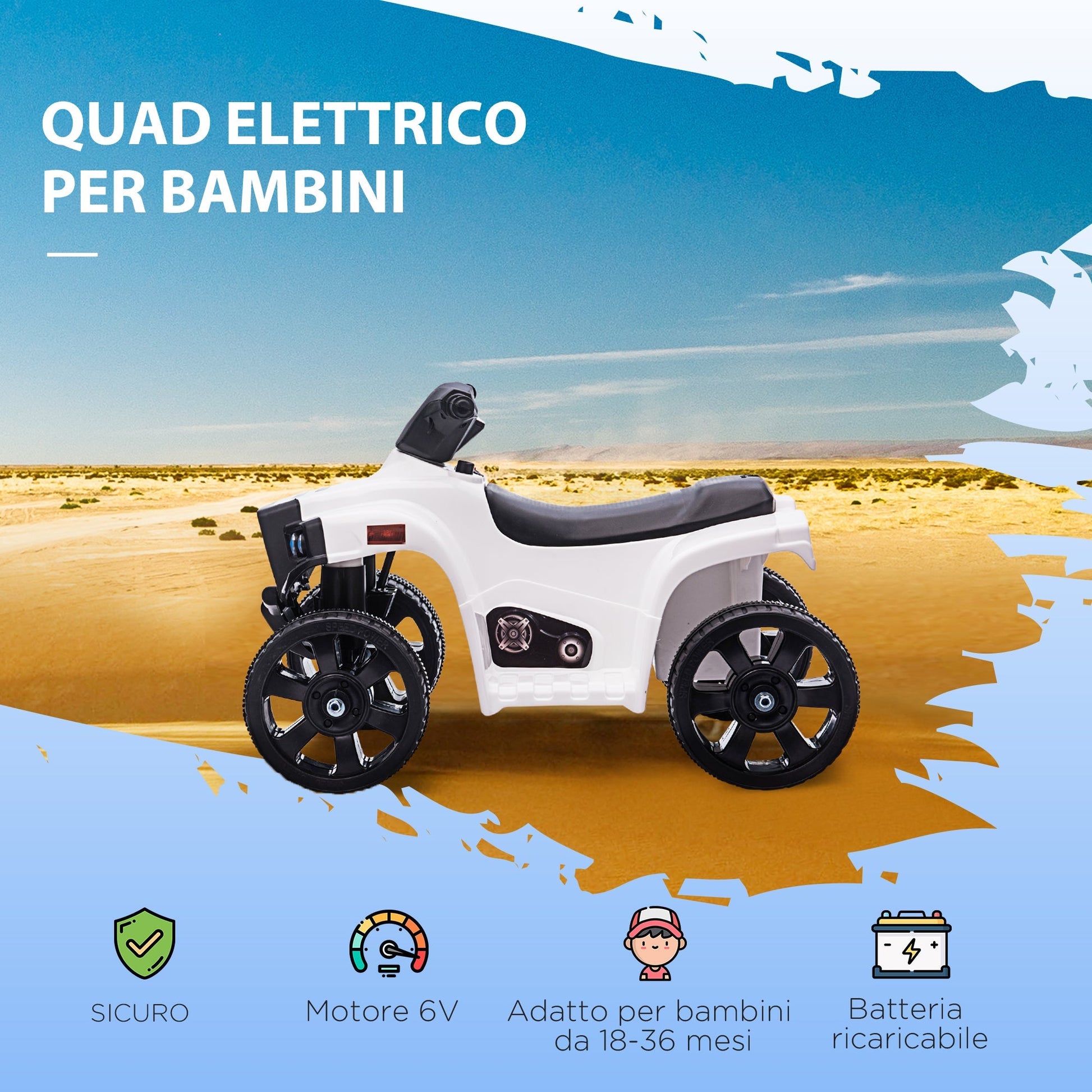 Quad for children 18-36 months ATV electric 6V, 3km/h speed, black white - Borgè