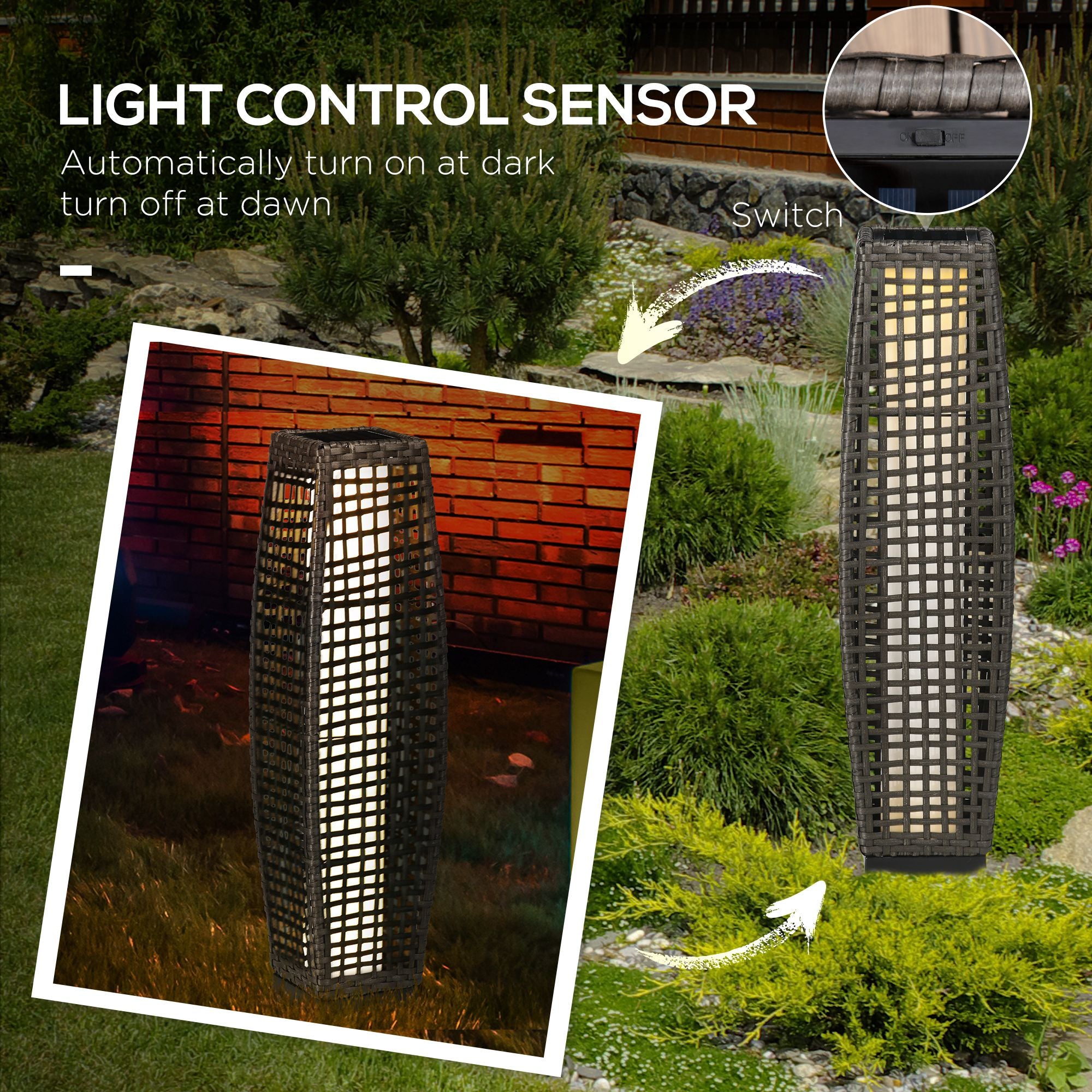 Outsunny Garden Solar Lamp with charging panel, in steel and rattan, 21x21x78 cm, black and gray - Borgè