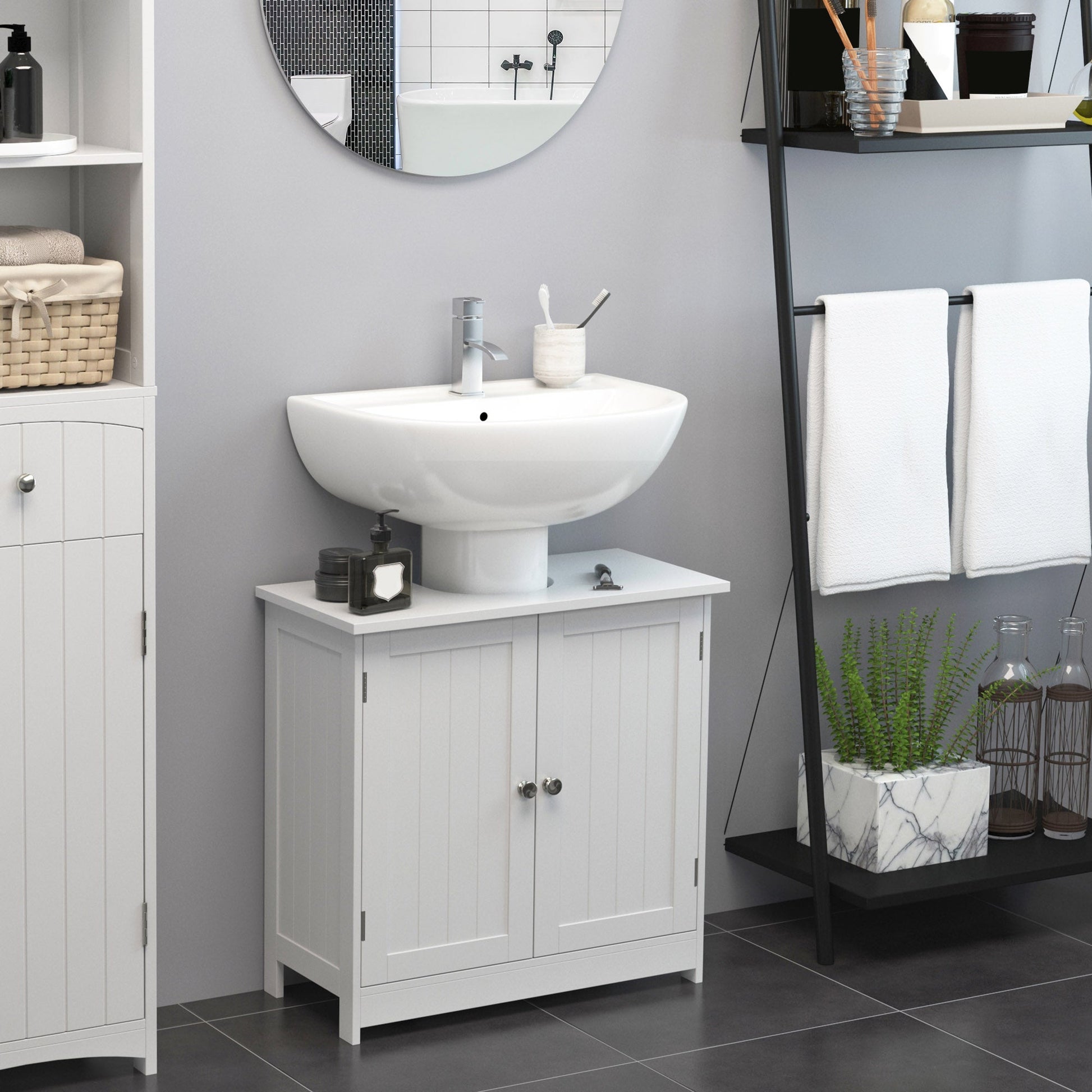 HOMCOM Under Sink Cabinet in MDF, White Bathroom Cabinet with 2 Doors (60x30x60cm) - Borgè