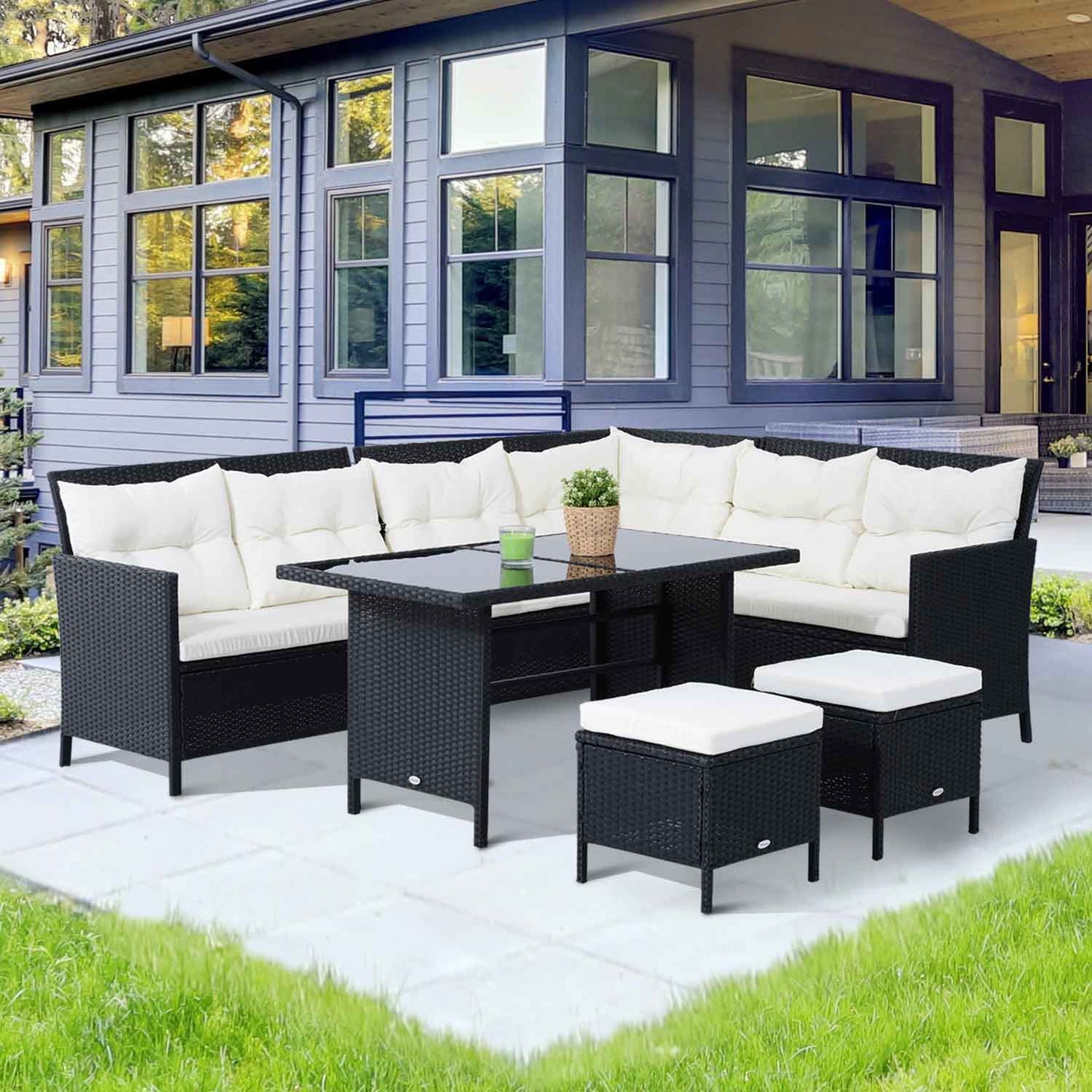 LUXEE | Rattan Garden Table with L-Shaped Sofa and Stools