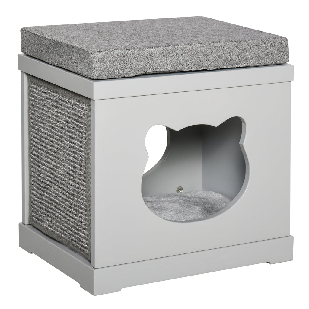 Wooden Cat House with 2 Pillows and Removable Scratching Posts, Grey, 41x30x36cm - Borge' Group Limited