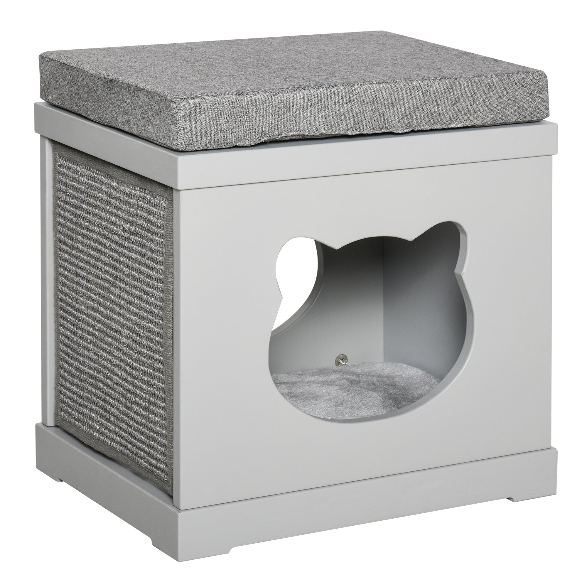 Wooden Cat House with 2 Pillows and Removable Scratching Posts, Grey, 41x30x36cm - Borge' Group Limited