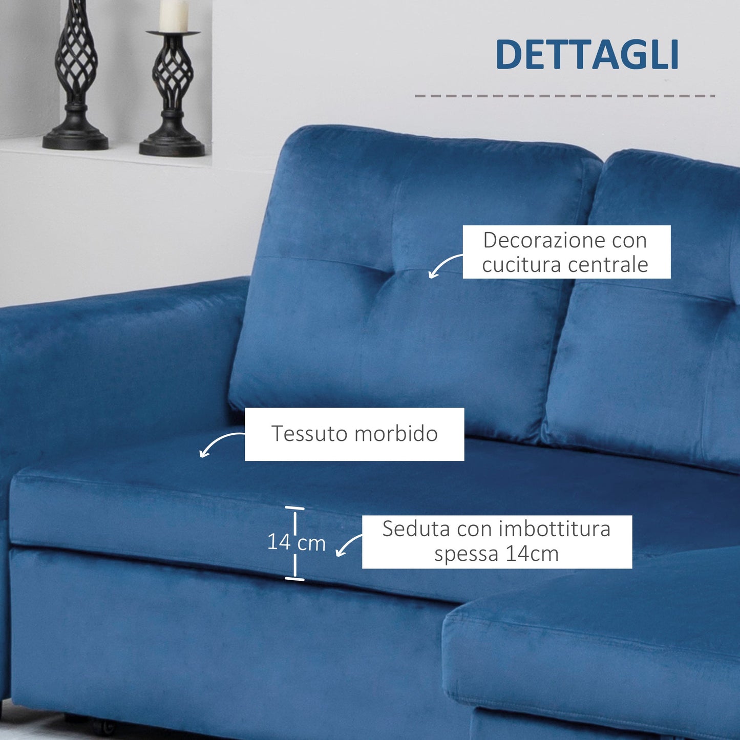 ALEA | 3 Seater Corner sofa bed with velvet effect coating, chaise longue with container, 232x141x85cm - blue - Borgè