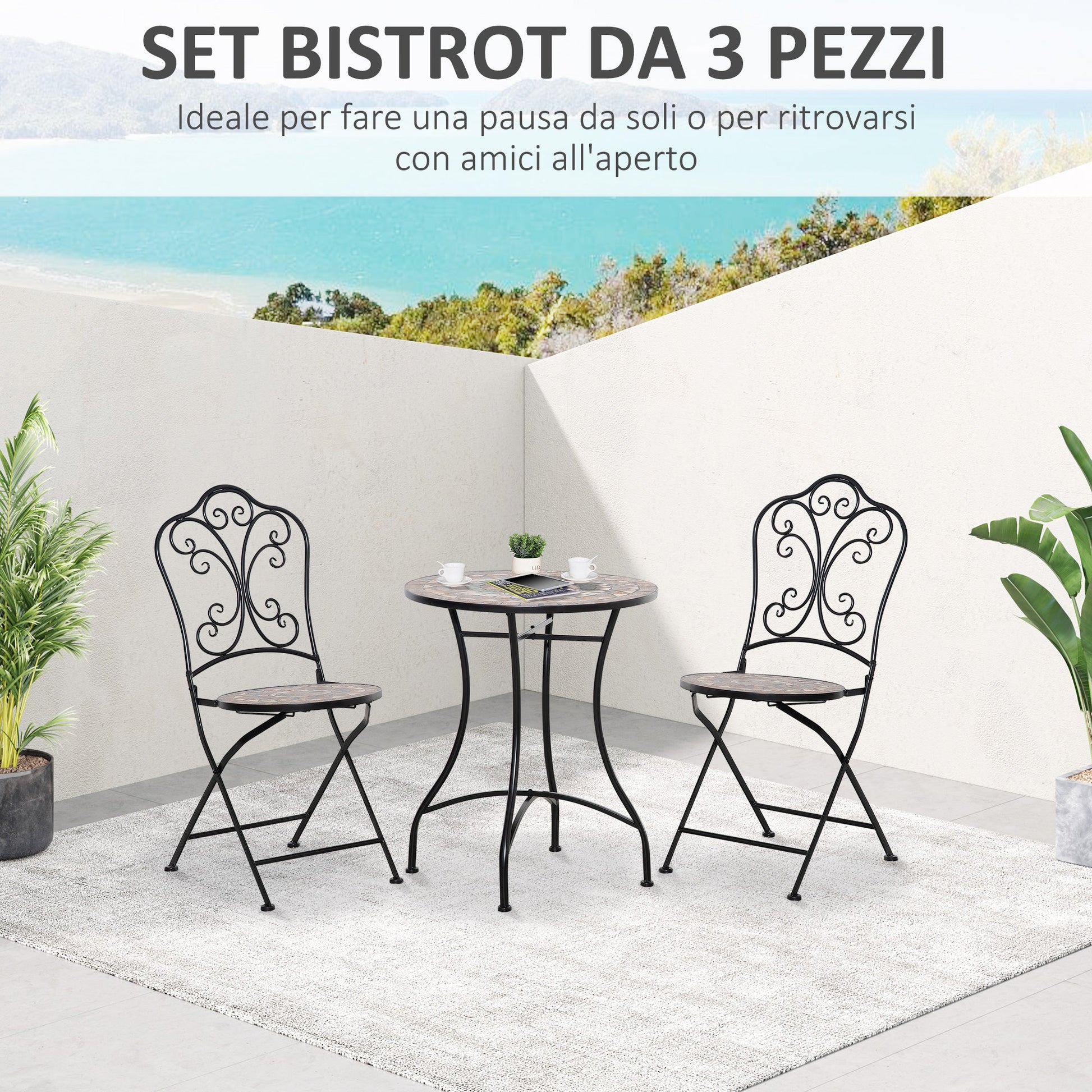 Outsunny 3 -piece garden furniture set with 2 folding chairs and ceramic coffee table and metal, black - Borgè