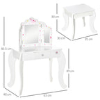 Vanity Table for children with wooden stool, makeup table with triple mirror and drawer, 63x40x85.5cm - Borgè