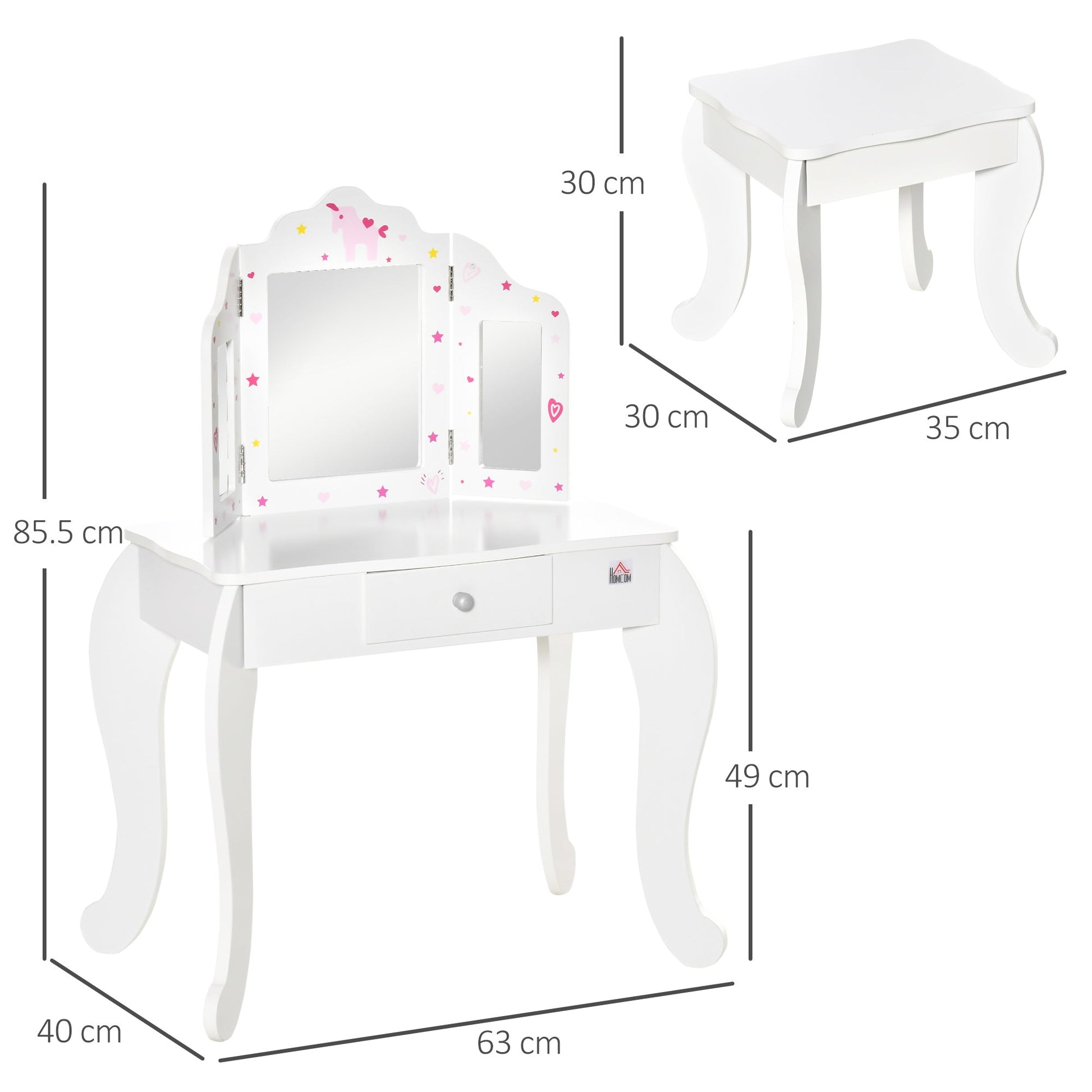 Vanity Table for children with wooden stool, makeup table with triple mirror and drawer, 63x40x85.5cm - Borgè