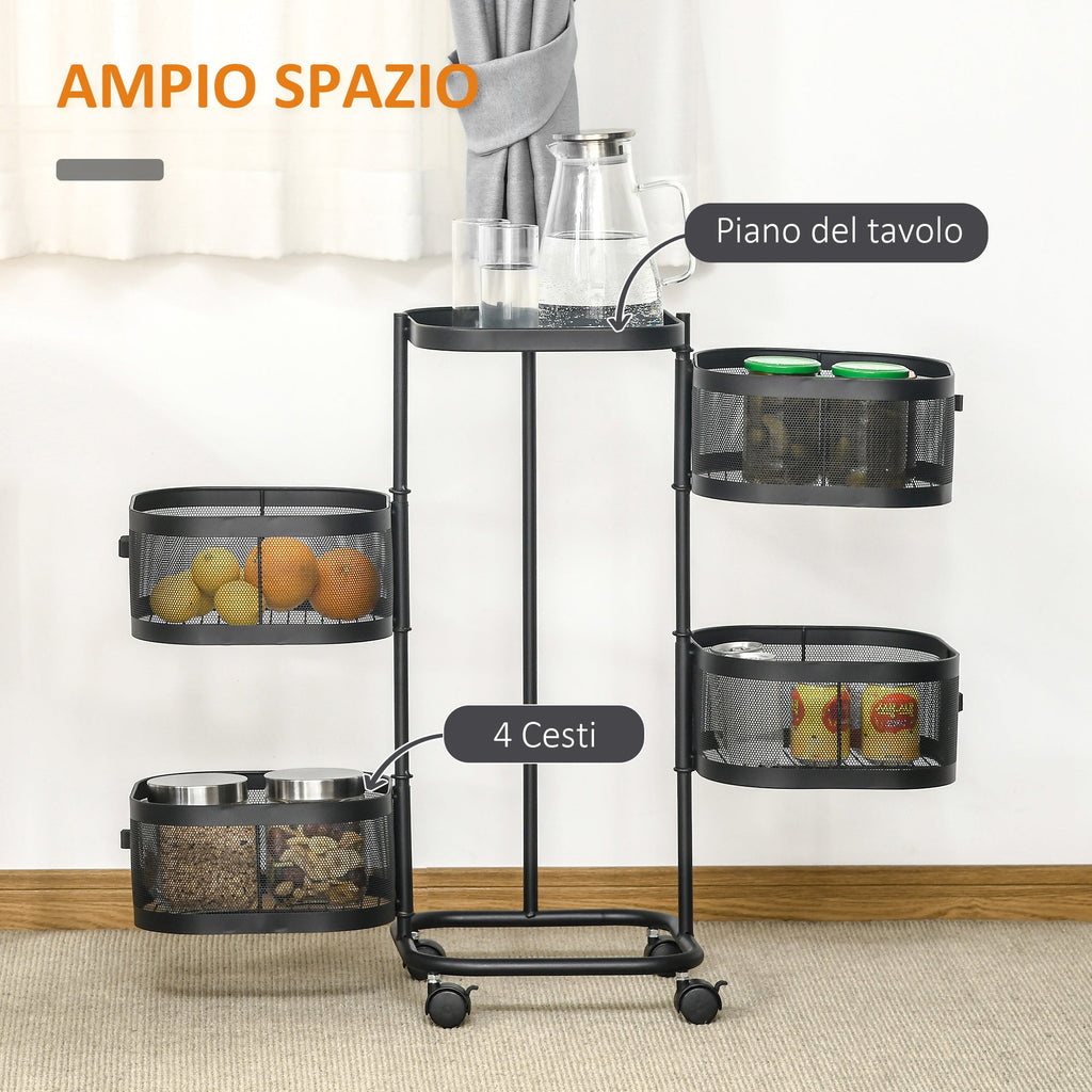 Trolley spouses with 4 baskets, support top and wheels, in steel and pp, 33x33x77 cm - Borgè