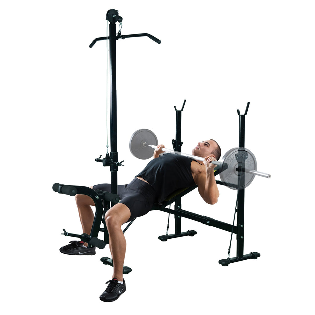 Multifunction bench fitness station with adjustable backrest on 3 levels support legs and upper bar - black - Borgè