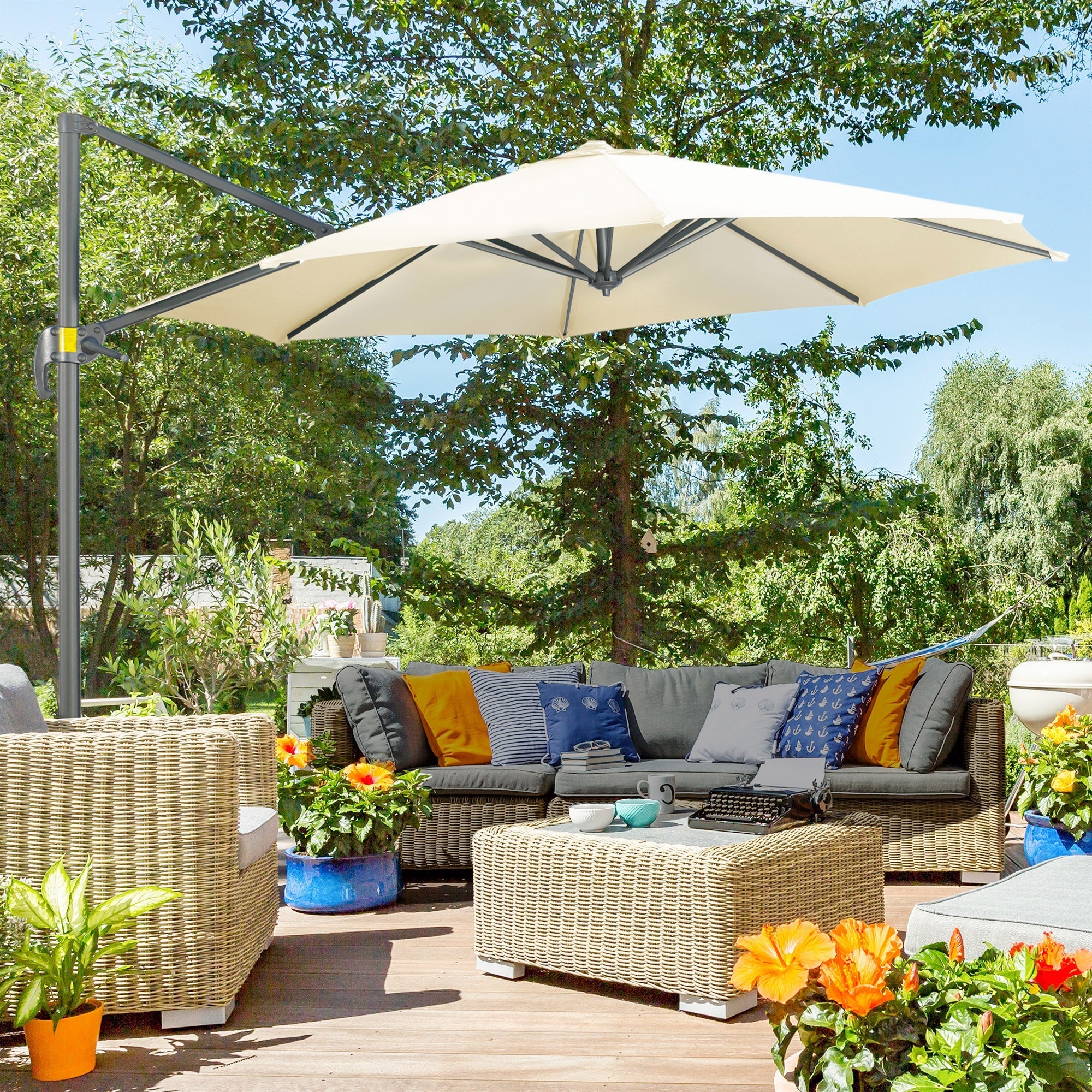 3x2.5m Off-center Garden Umbrella with Adjustable Angle and 360° Rotatable, Cream - Borge' Group Limited
