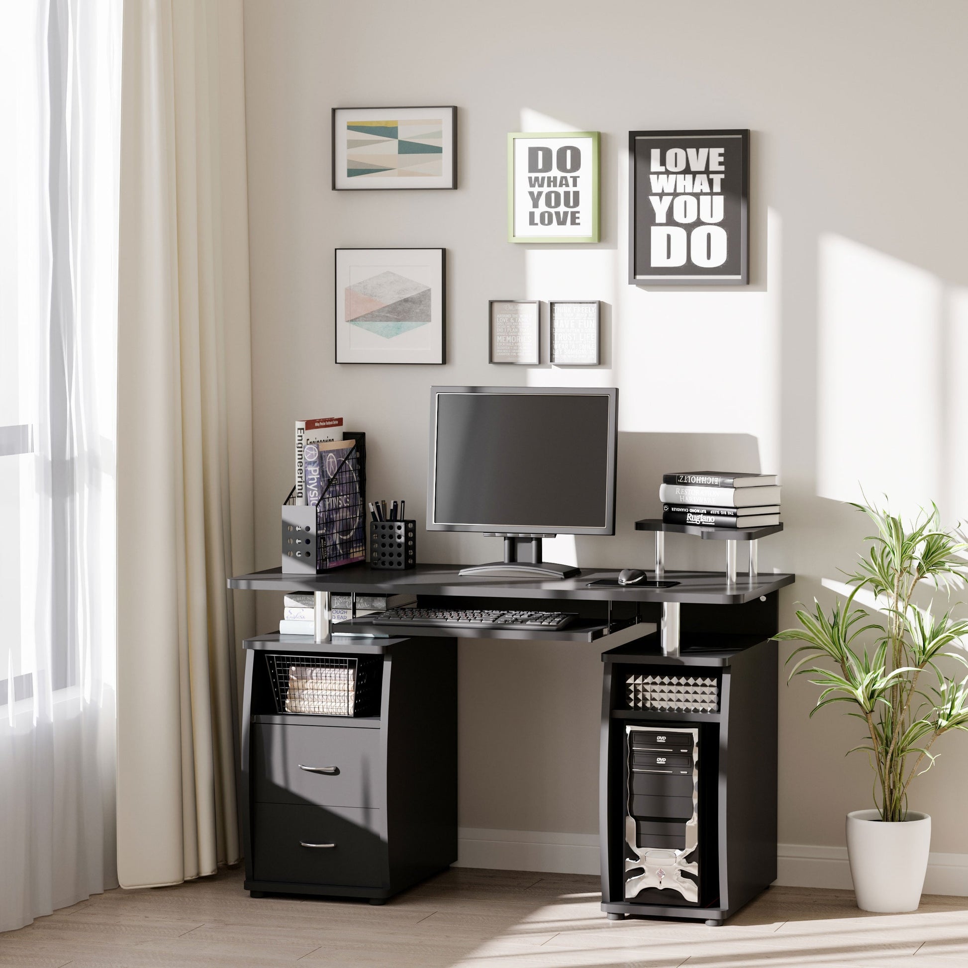 Wooden desk with drawers, removable shelf and raised black shelf - Borgè