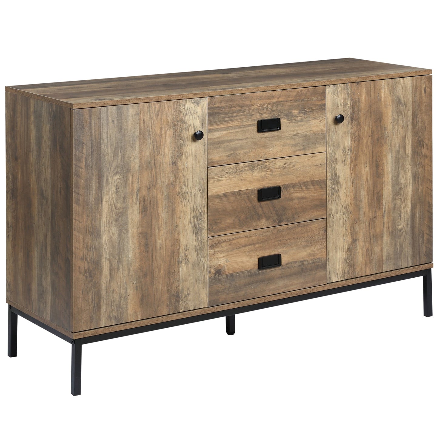 Modern Sideboard in Chipboard and Metal with 2 Cabinets with 2 Doors with Shelves and 3 Drawers, 120x39.5x77 cm