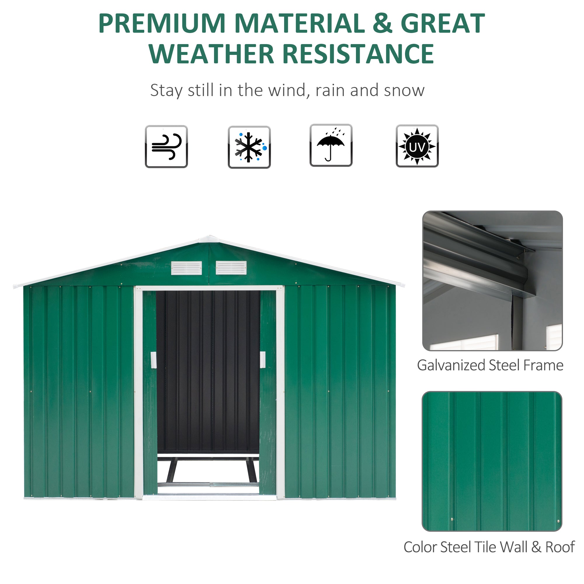Garden Shed with Base and Double Sliding Doors, Steel Garden Shed, 277x195x192 cm, Dark Green - Borge' Group Limited