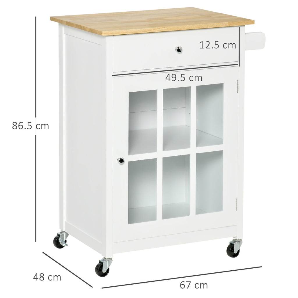 Multiuse saving kitchen cart with drawer, locker and 4 wheels, in white wood, 67x48x86.5cm - white - Borgè