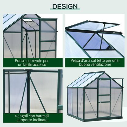 Outsunny Polycarbonate and Aluminum Garden Greenhouse with Sliding Door and Anti-UV Panels, 190x192x201cm, Green - Borgè