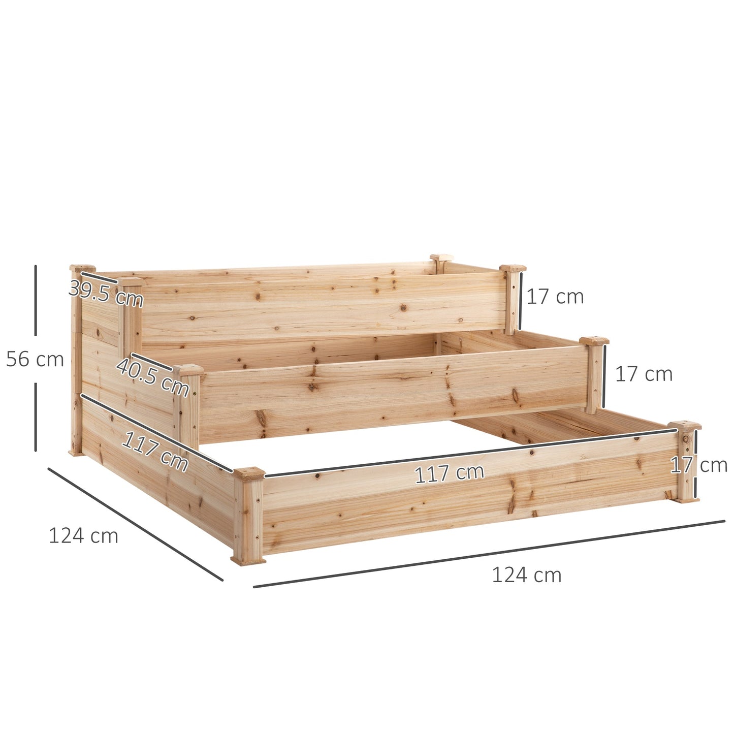 Outsunny bed for raised vegetable garden at 3 levels in natural wood, flower florker outdoor for plants, 124x 124x56cm - Borgè