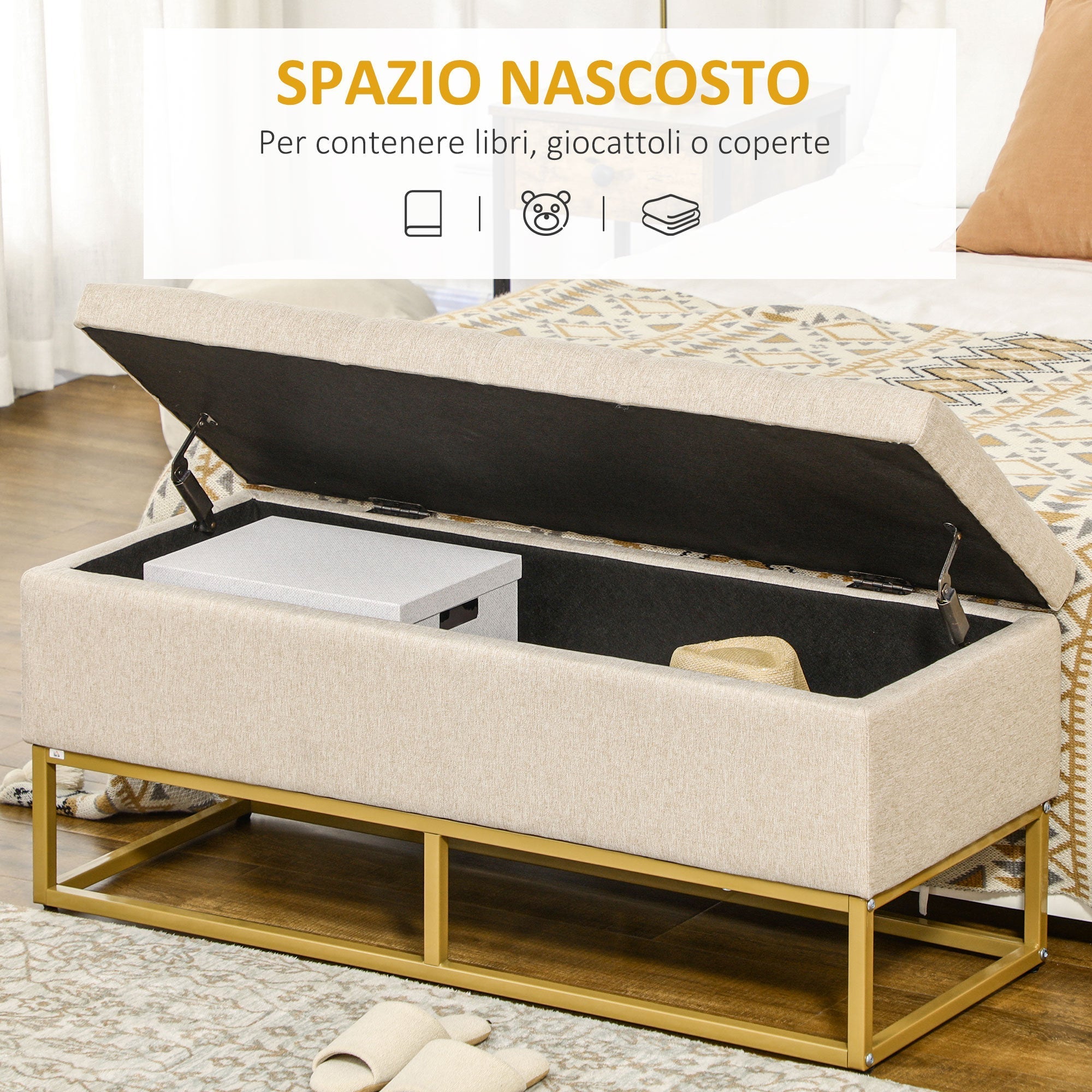 Homcom bench with quilted polyester container with gold steel legs, 110x44x48cm, beige - Borgè