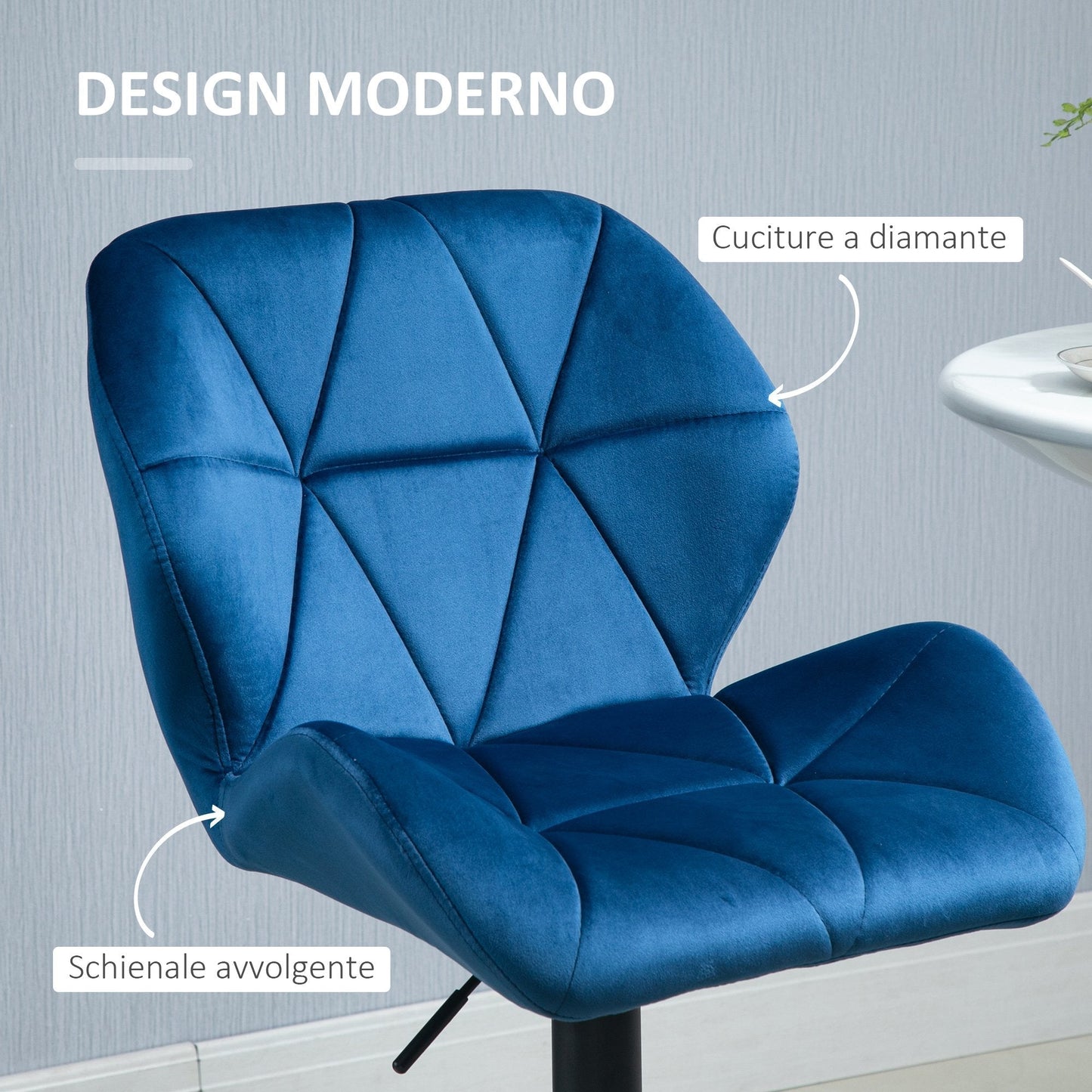 Set 2 swivel bar stools with adjustable height of velvet coating and round base - blue - Borgè