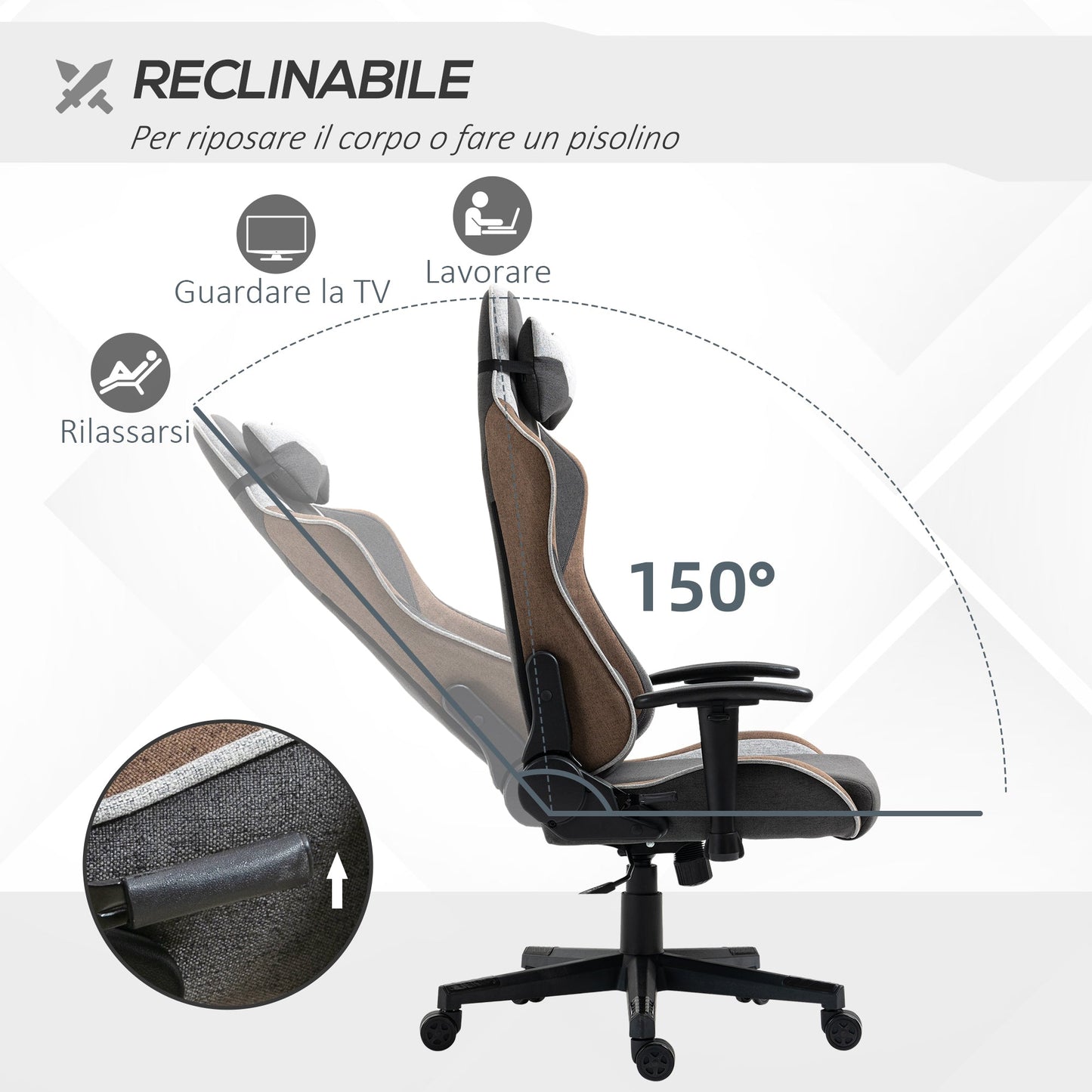 Retlinable gaming chair in 150 ° with rocking function, headrest and lumbar pillow, Grey, Grey - Borgè