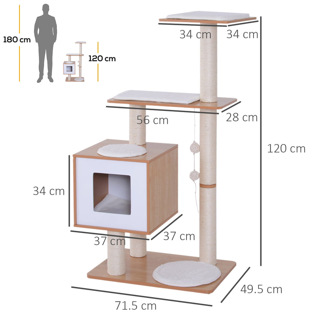 Wooden Cat Tree for cats with Scratch Pole 120cm | 71.5x49.5x120cm Wood, White - Borgè