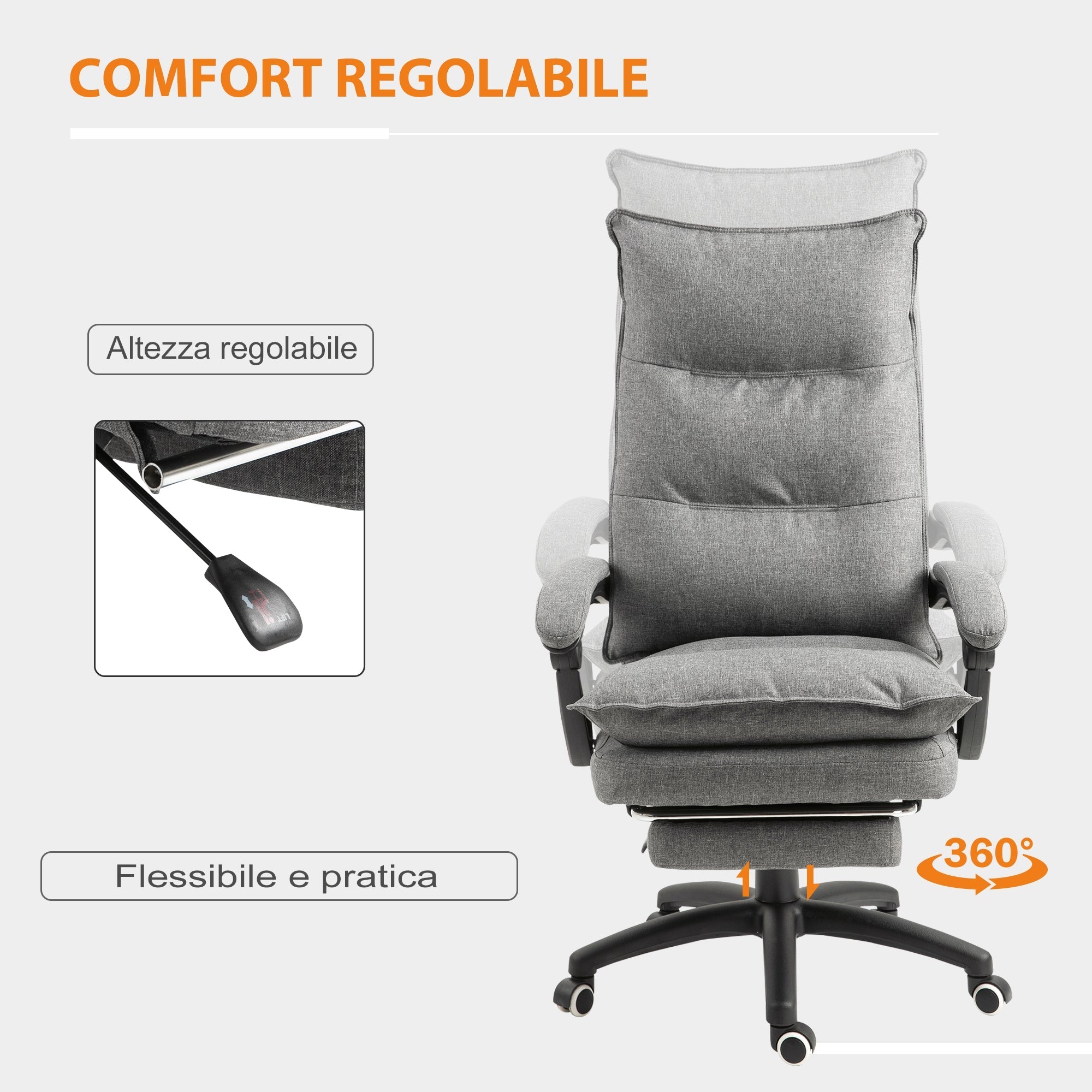 Padded office chair with 6 massage points, adjustable height and wheels, 70x62x120-130 cm, Grey - Borgè