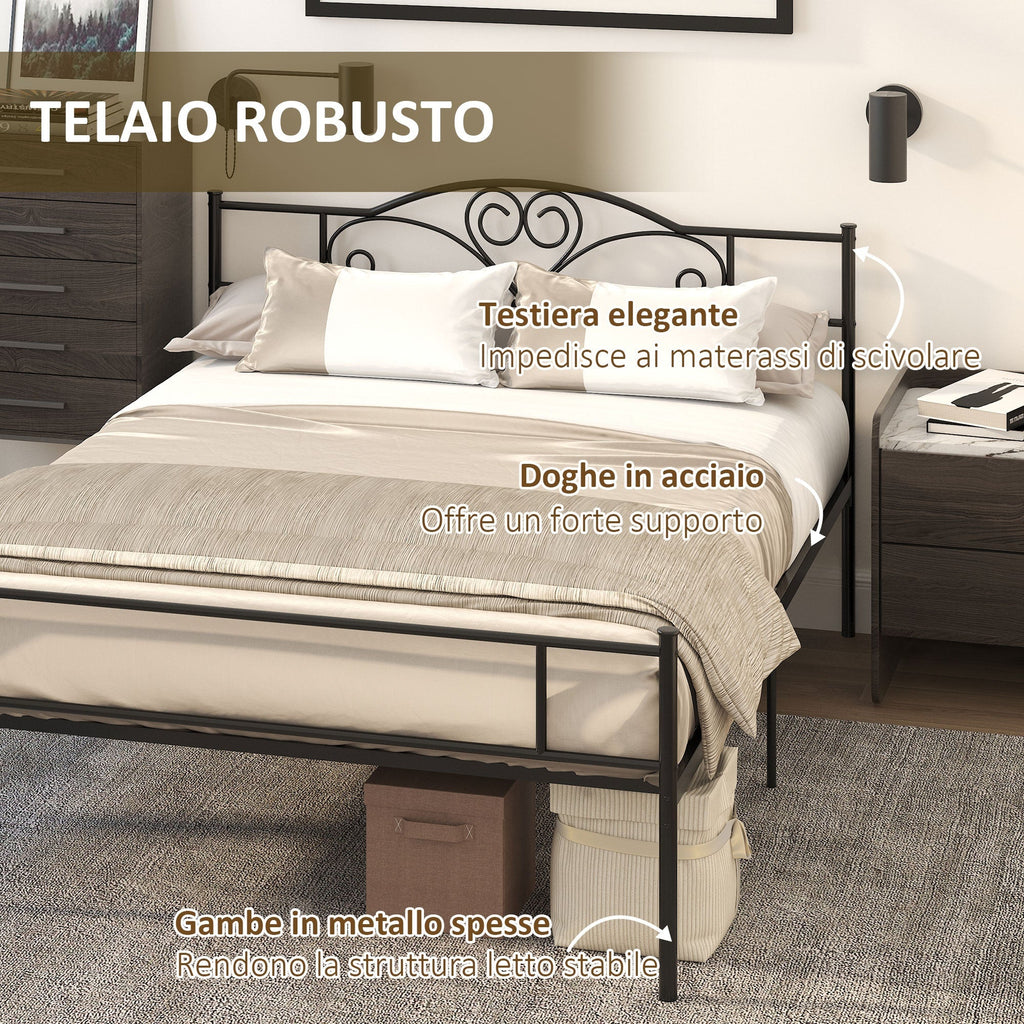 Black Double Bed in Metal/Steel with slats, headboard and footboard | 160x200cm - Borgè
