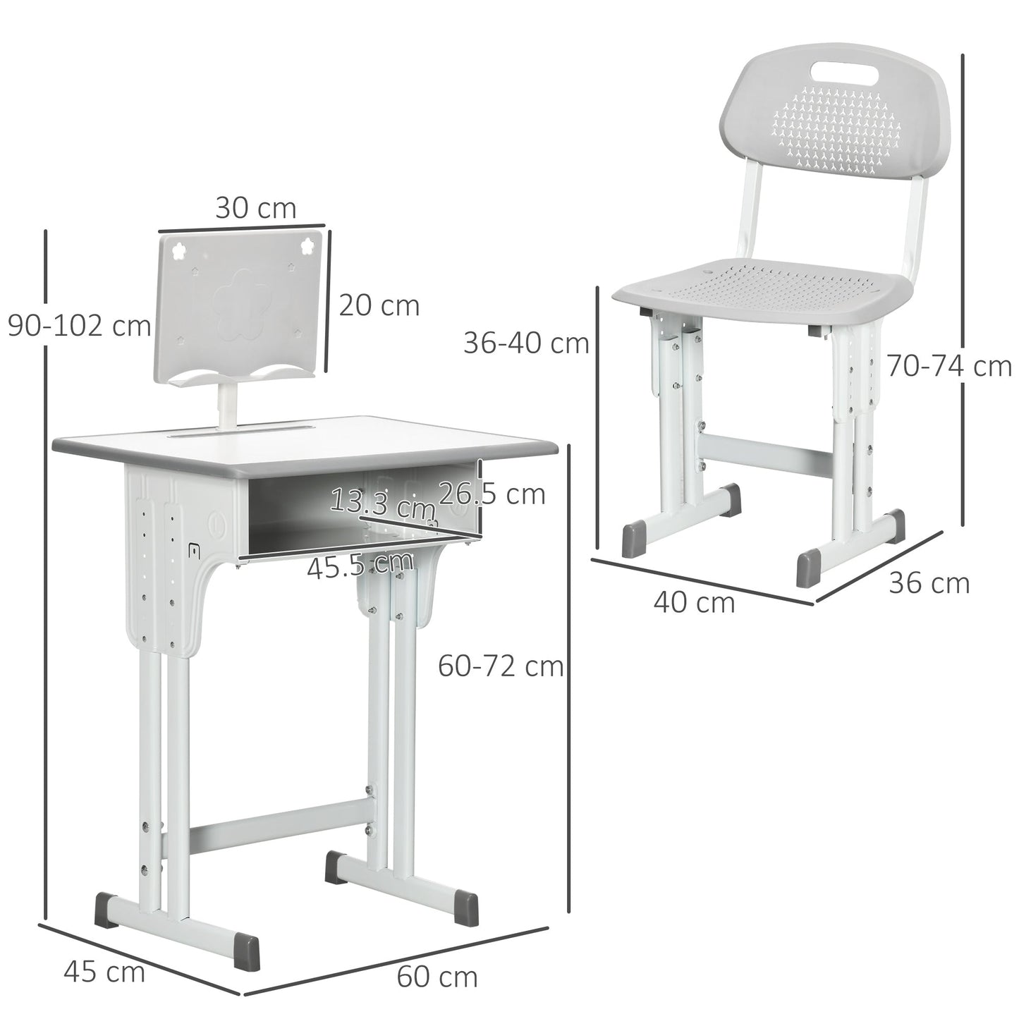 School desk with adjustable height chair and light for children 6-12 years, steel and mdf, Grey - Borgè