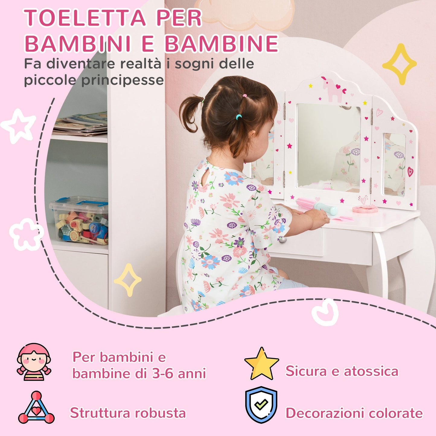 Vanity Table for children with wooden stool, makeup table with triple mirror and drawer, 63x40x85.5cm - Borgè