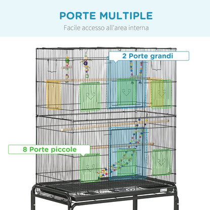 Steel Bird Cage with Perches, Toys, Food Containers and Tray, 79x49x133 cm, Black - Borgè