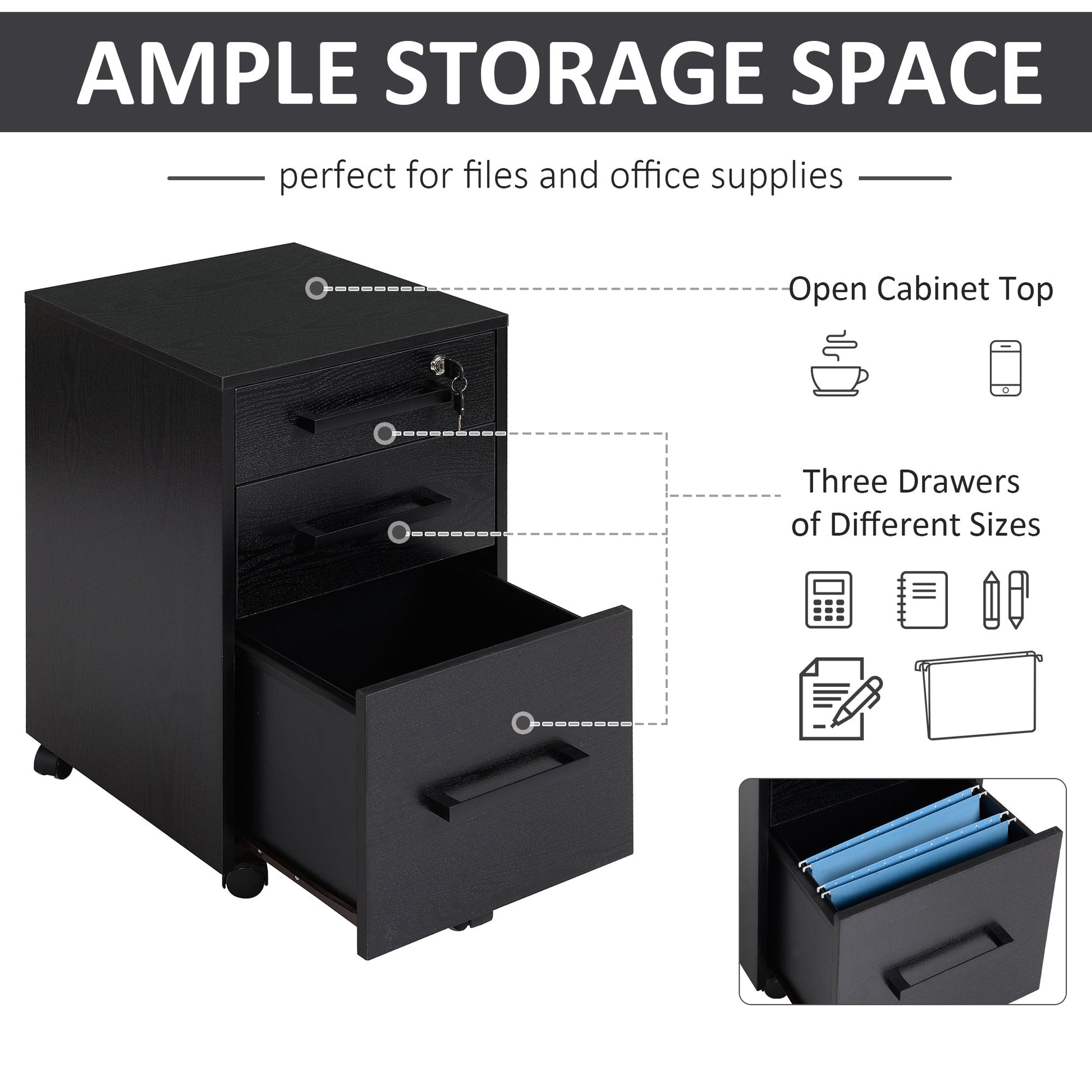 Homcom Office -and -cowen board with 3 5 -wheel drawers 39.2x40x65.4cm - Borgè