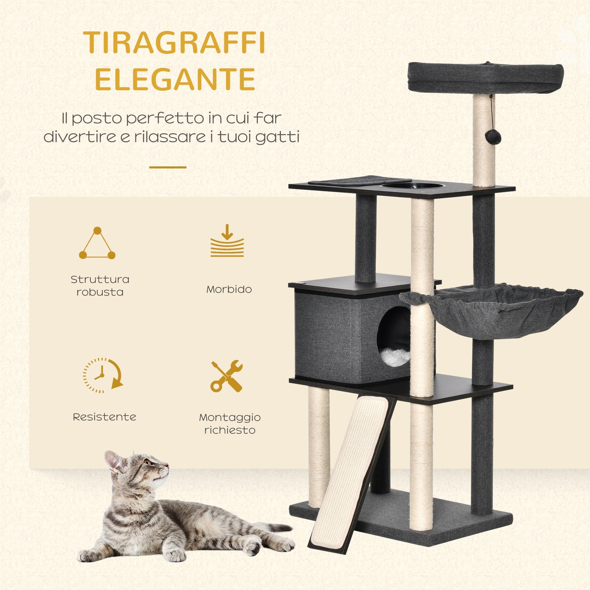Cat Tree for cats with Scratch Pole for up to 5 Kgs Cat I, 60x40x146cm - Borge' Group Limited