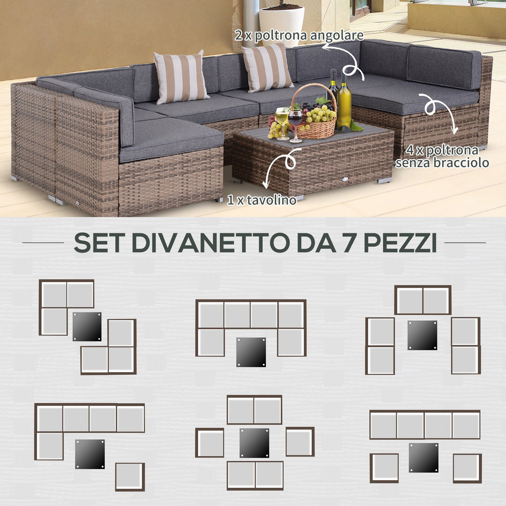 7-Piece Rattan Garden Lounge Set with Coffee Table and Modular Sofa with Cushions, Grey - Borge' Group Limited
