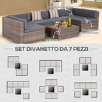 7-Piece Rattan Garden Lounge Set with Coffee Table and Modular Sofa with Cushions, Grey - Borge' Group Limited