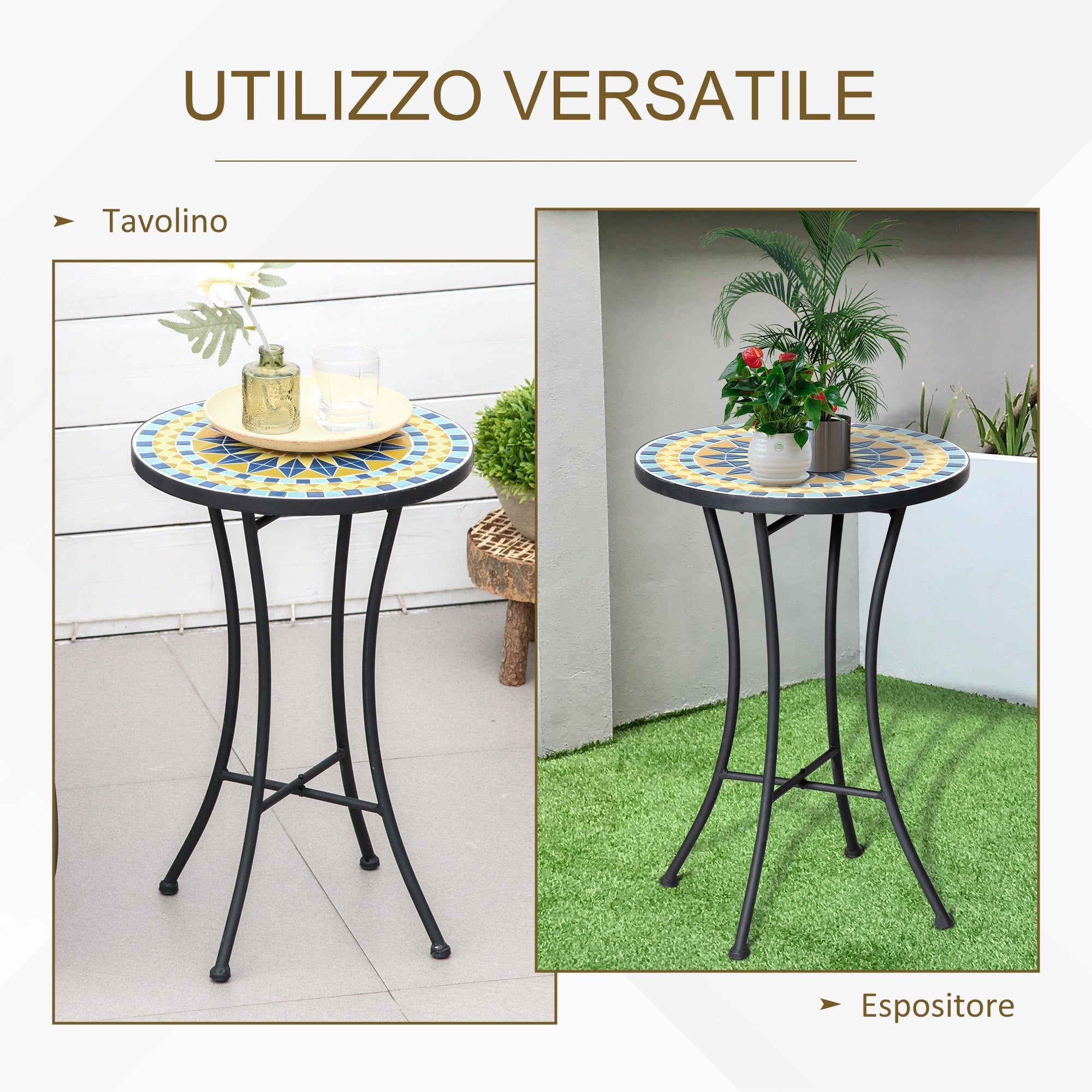 Metal Garden Coffee Table with Mosaic Top, Ф35.5x53.5cm - Borge' Group Limited