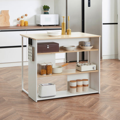 kitchen island with 3 modern style shelves and brings steel knives, 105x65x90 cm white - Borgè